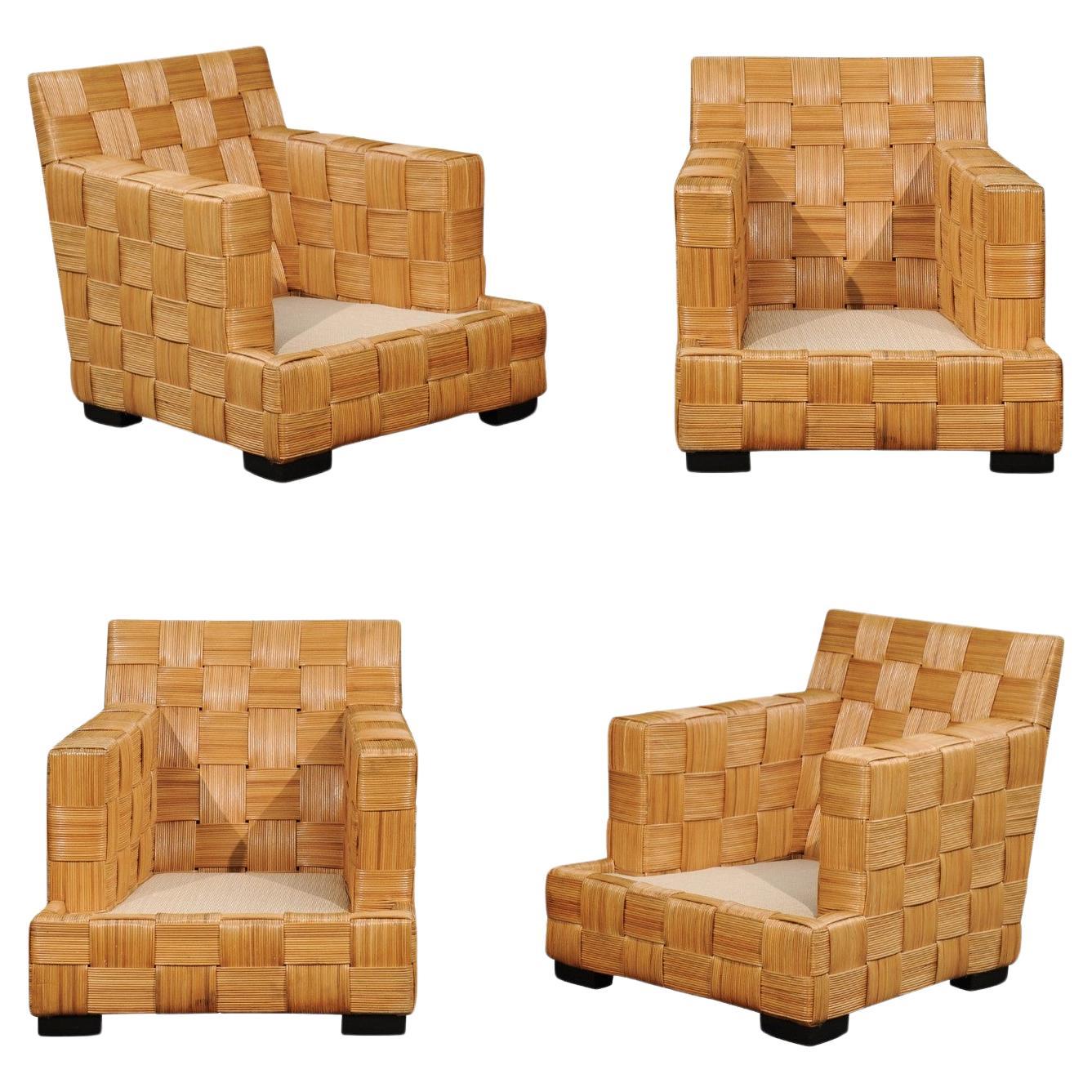Un ensemble inoubliable de 4 chaises cannées Block Island de John Hutton pour Donghia en vente
