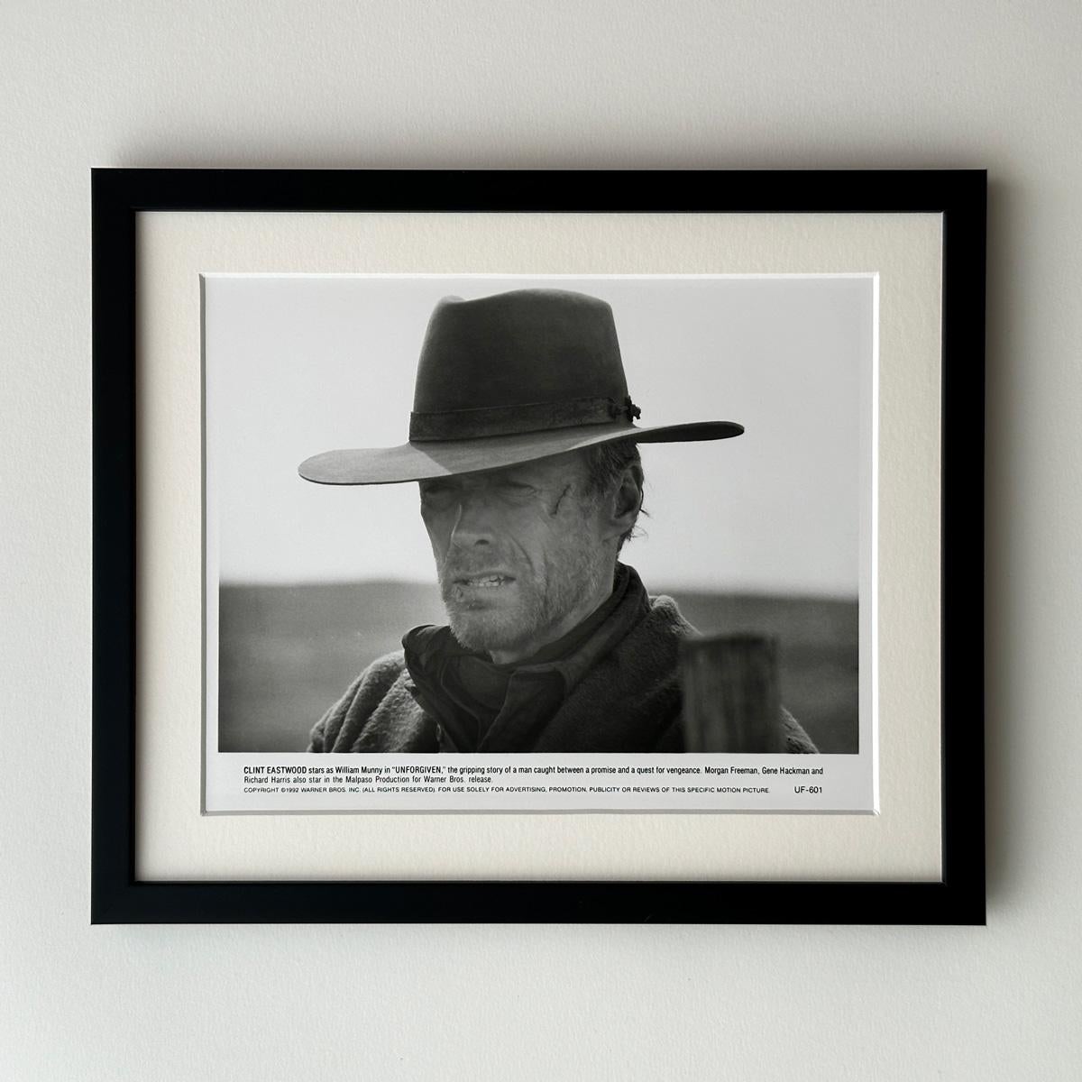 Original Warner Bros 8x10 inches Publicity Still for Clint Eastwood's Unforgiven (1992). Unforgiven bagged 4 Oscars, including Best Picture and Best Director for Eastwood. 

Publicity (film/production) stills were created to help studios promote
