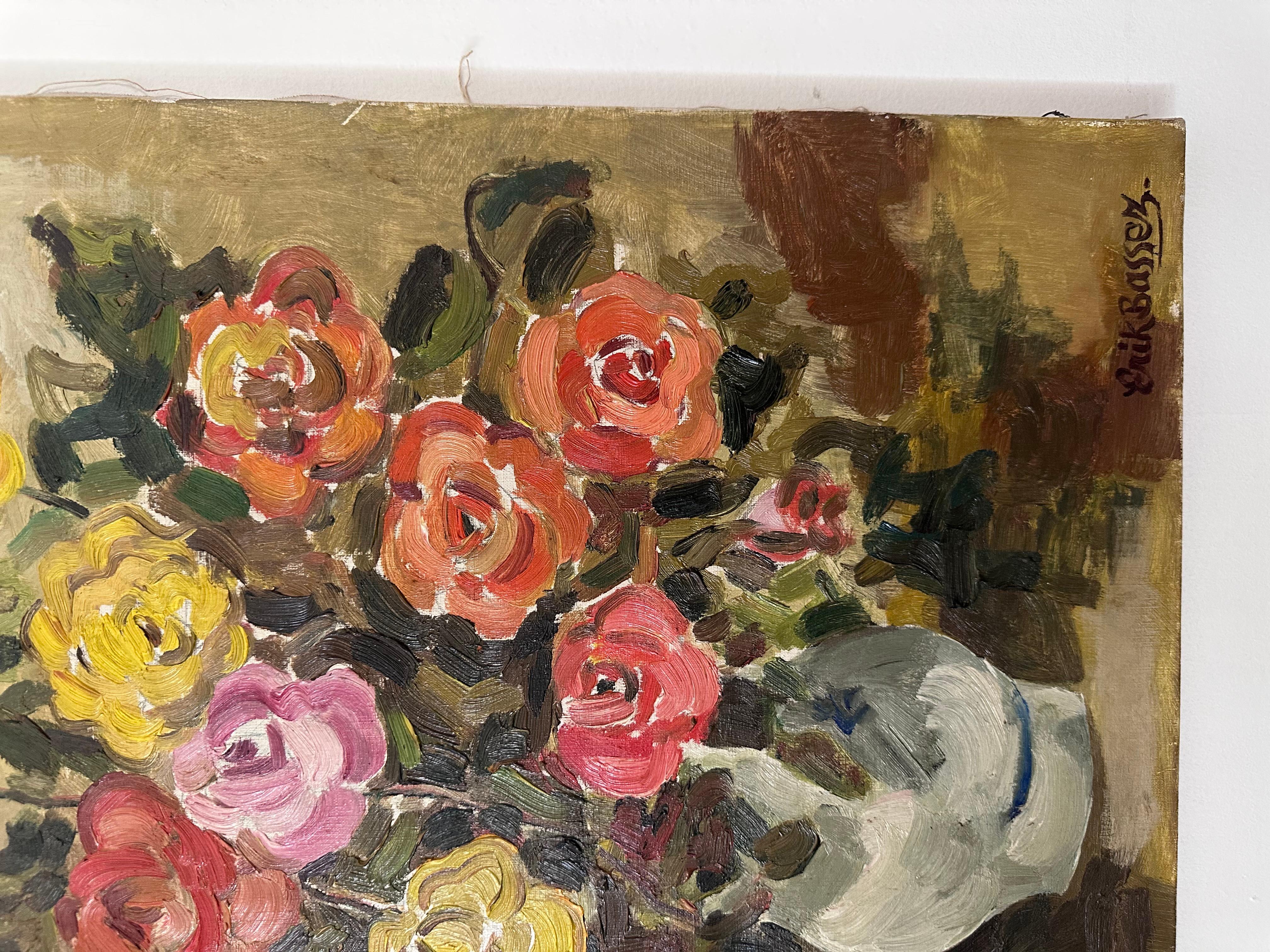 Bodegón floral sin enmarcar de Bélgica años 50 por Erik Bassez Pintura en venta