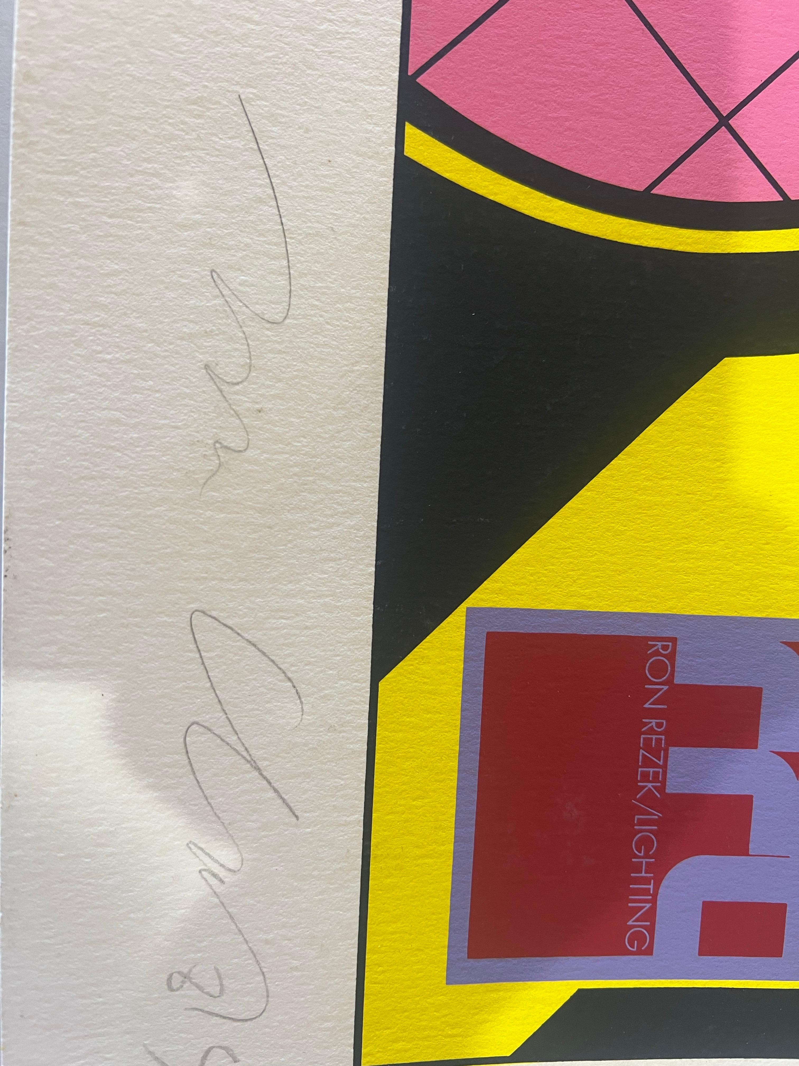 Unbelibable beautiful colors incredible rare condition on this beautiful signed and numbered 3/100 litho by Jayme Odgers , comissioned by Ron Rezek Lighting circa 1980's never used or exposed to light unframed classic Memphis era , piece jayme