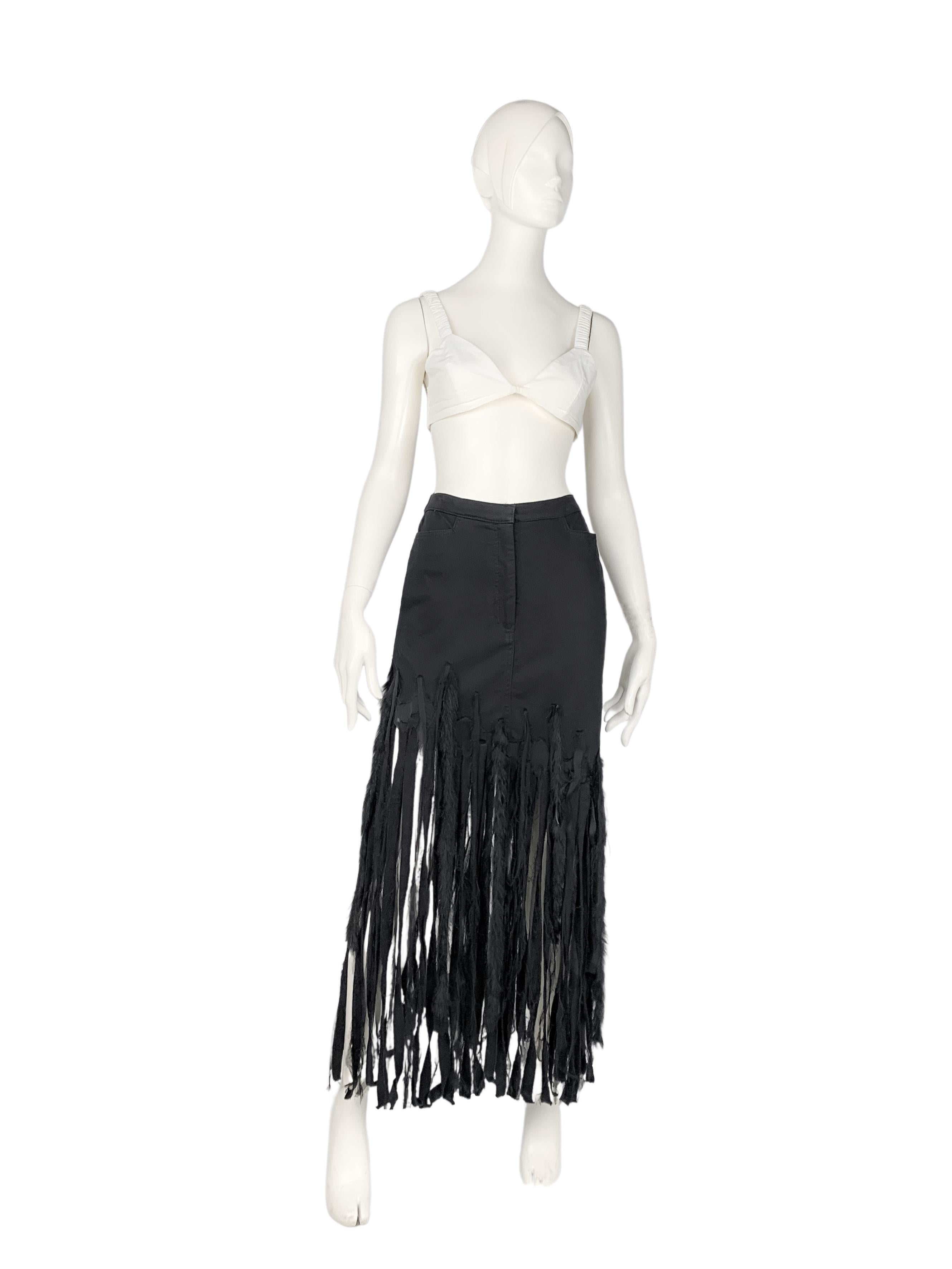 Women's Ungaro 1990s vintage extravagant fringed maxi skirt with details in faux fur