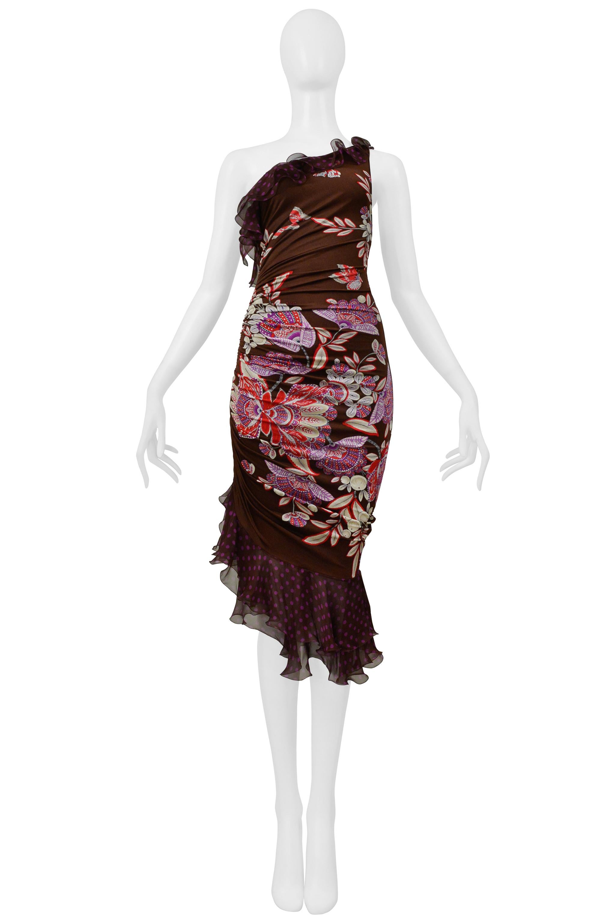 Noir Ungaro - Robe asymétrique à fleurs à pois, marron et violet 2003 en vente