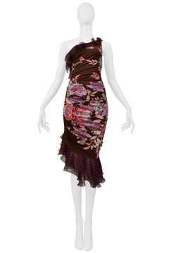 Ungaro Asymmetrical Brown And Purple Floral Polka Dot Dress 2003
