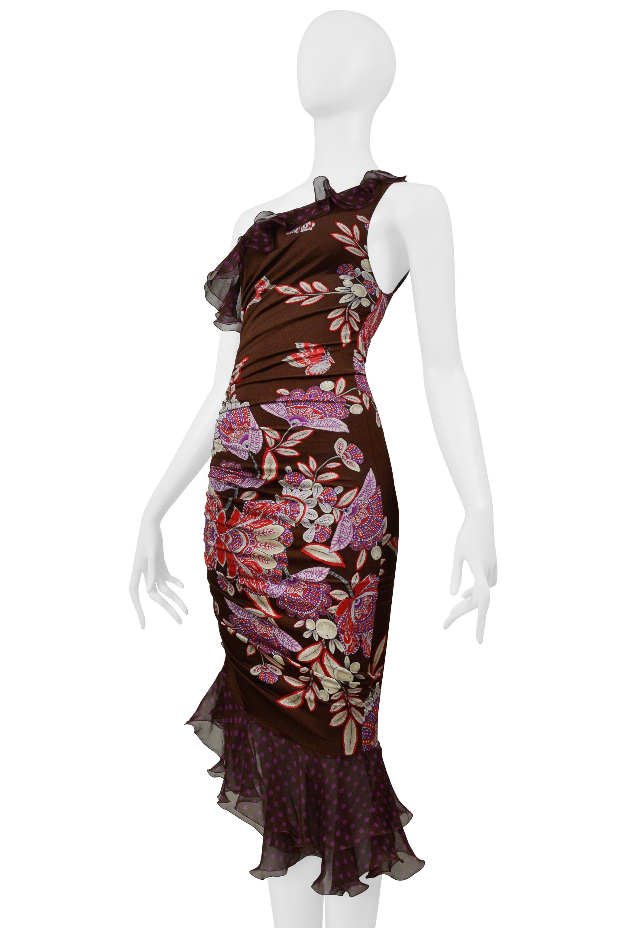 Ungaro - Robe asymétrique à fleurs à pois, marron et violet 2003 Excellent état - En vente à Los Angeles, CA