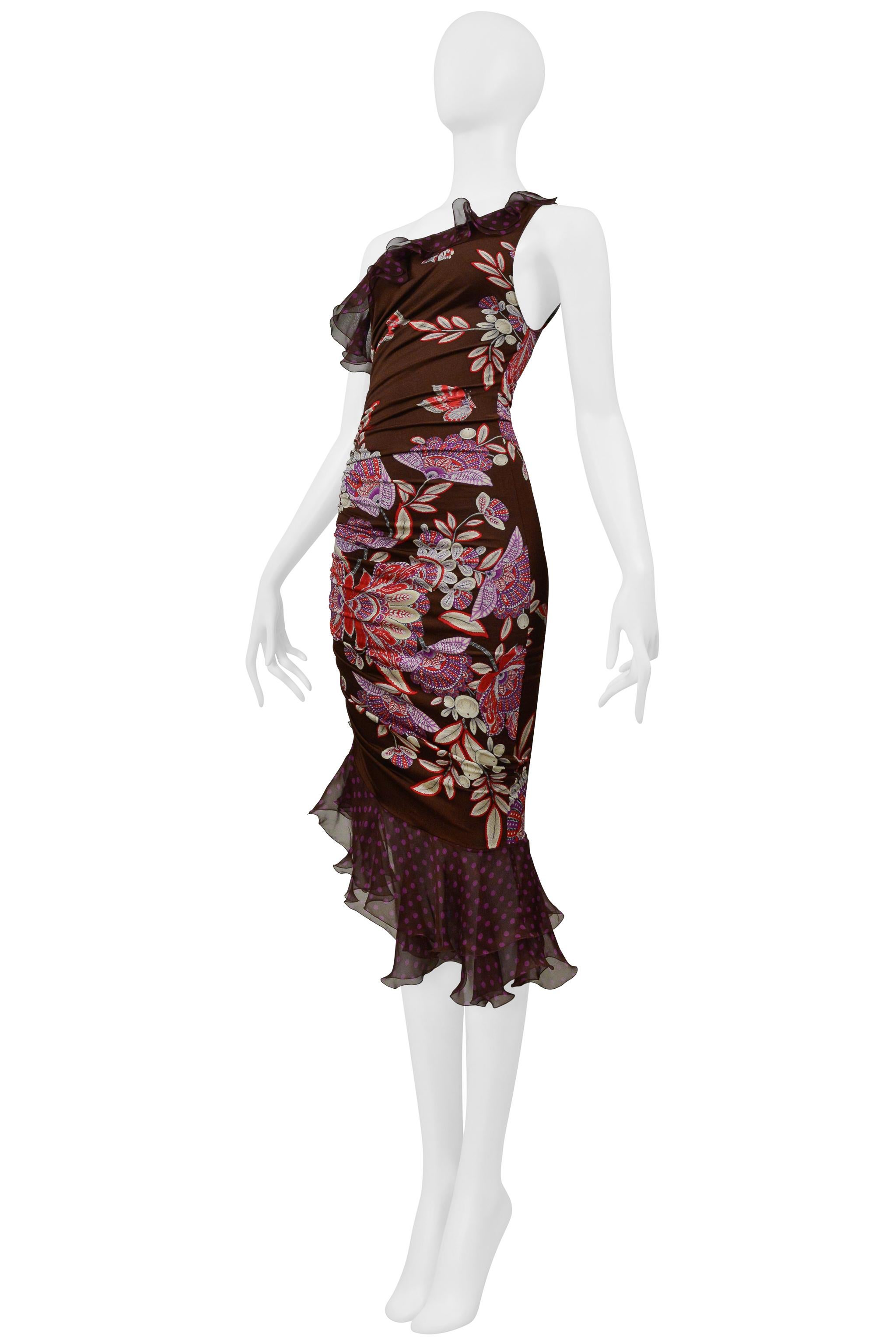 Ungaro - Robe asymétrique à fleurs à pois, marron et violet 2003 Pour femmes en vente