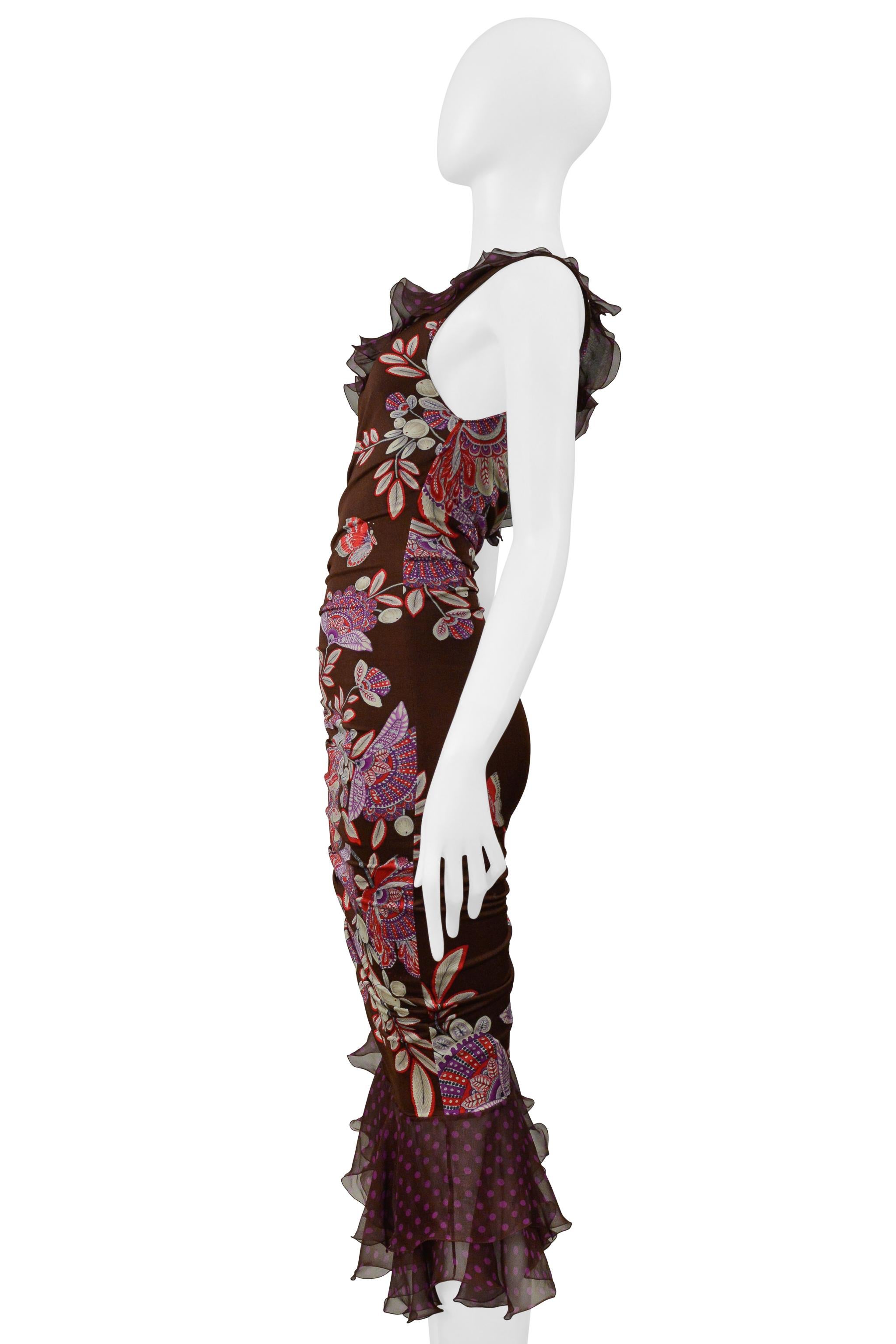 Ungaro - Robe asymétrique à fleurs à pois, marron et violet 2003 en vente 2