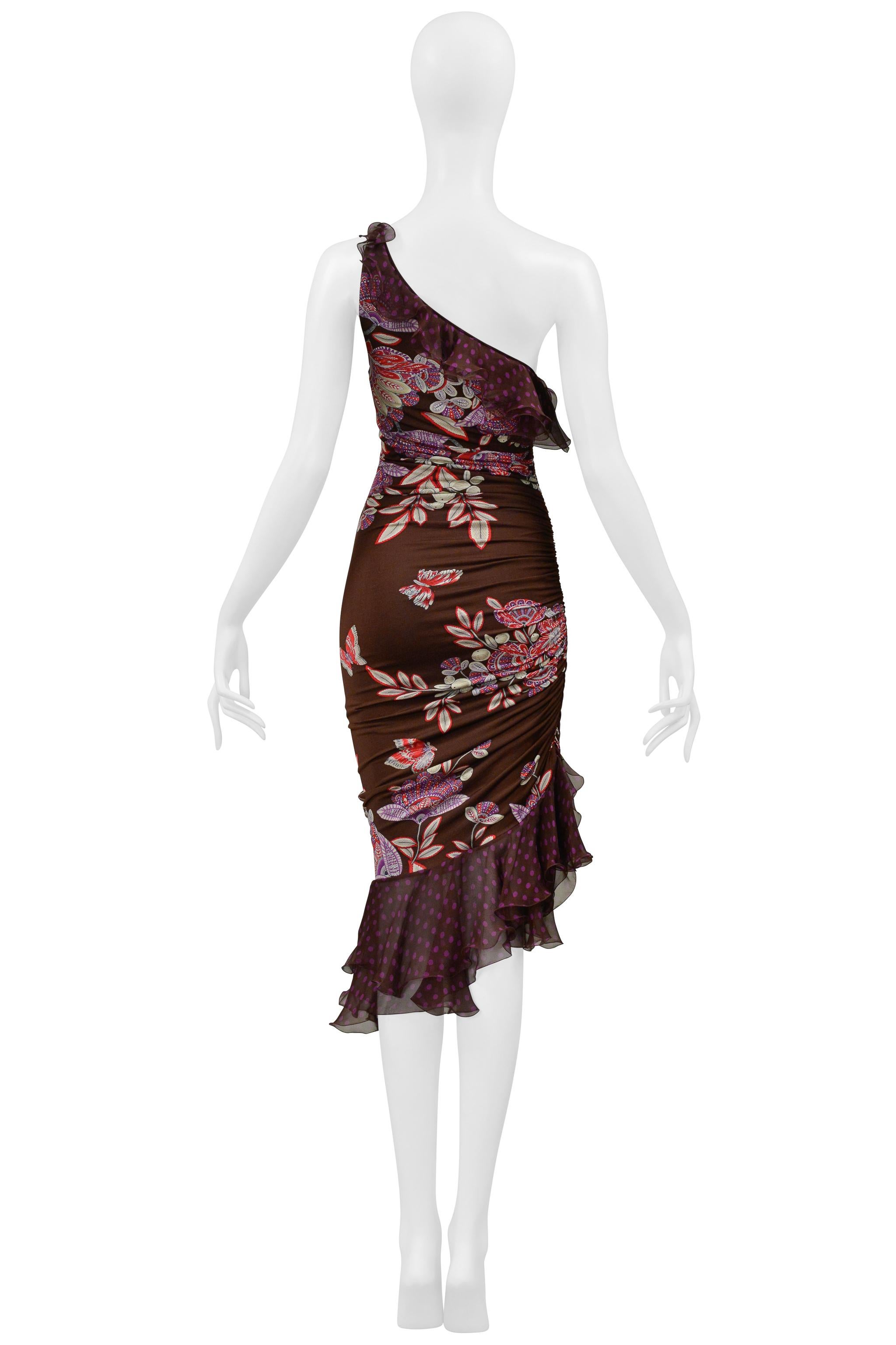 Ungaro - Robe asymétrique à fleurs à pois, marron et violet 2003 en vente 3