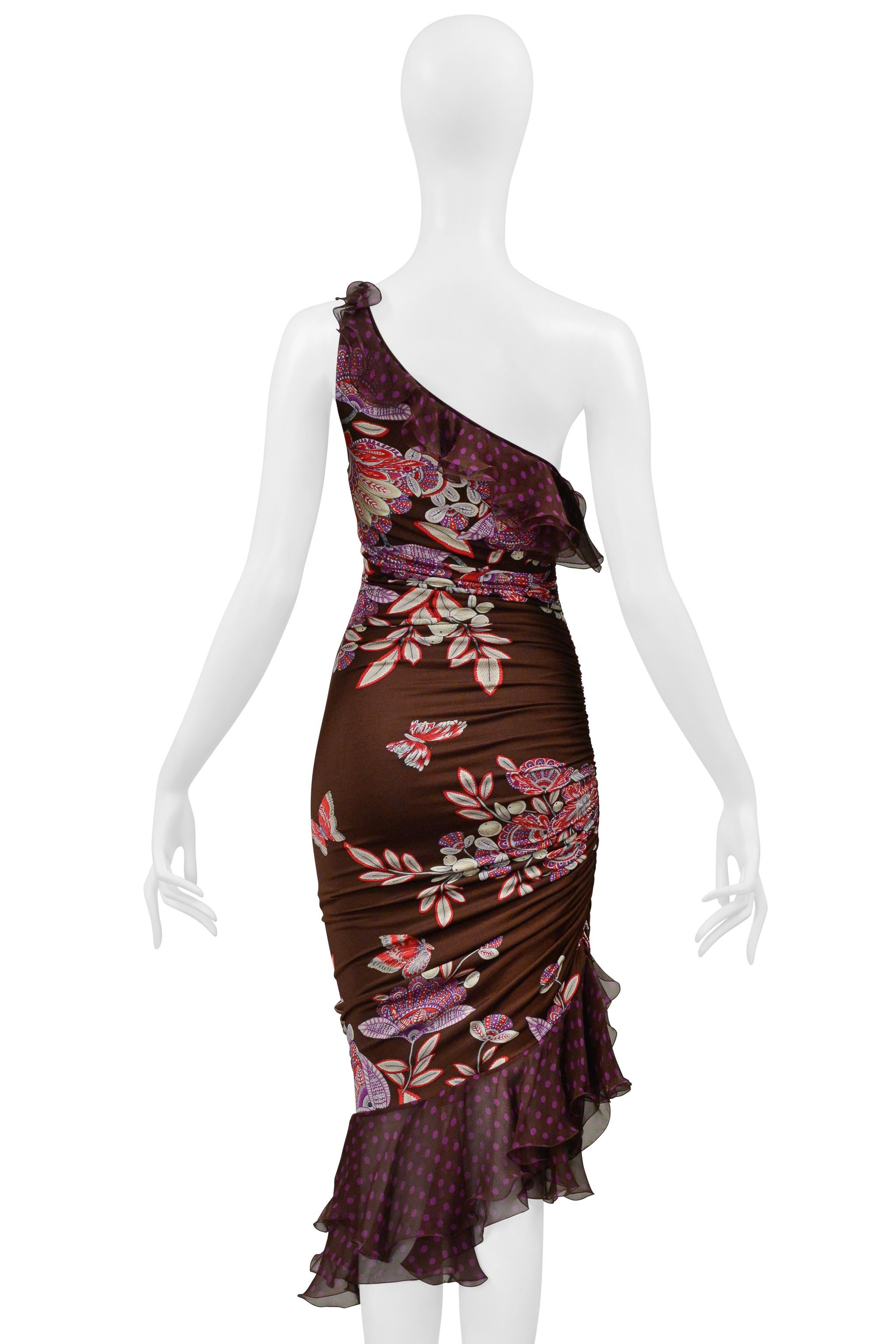 Ungaro - Robe asymétrique à fleurs à pois, marron et violet 2003 en vente 4