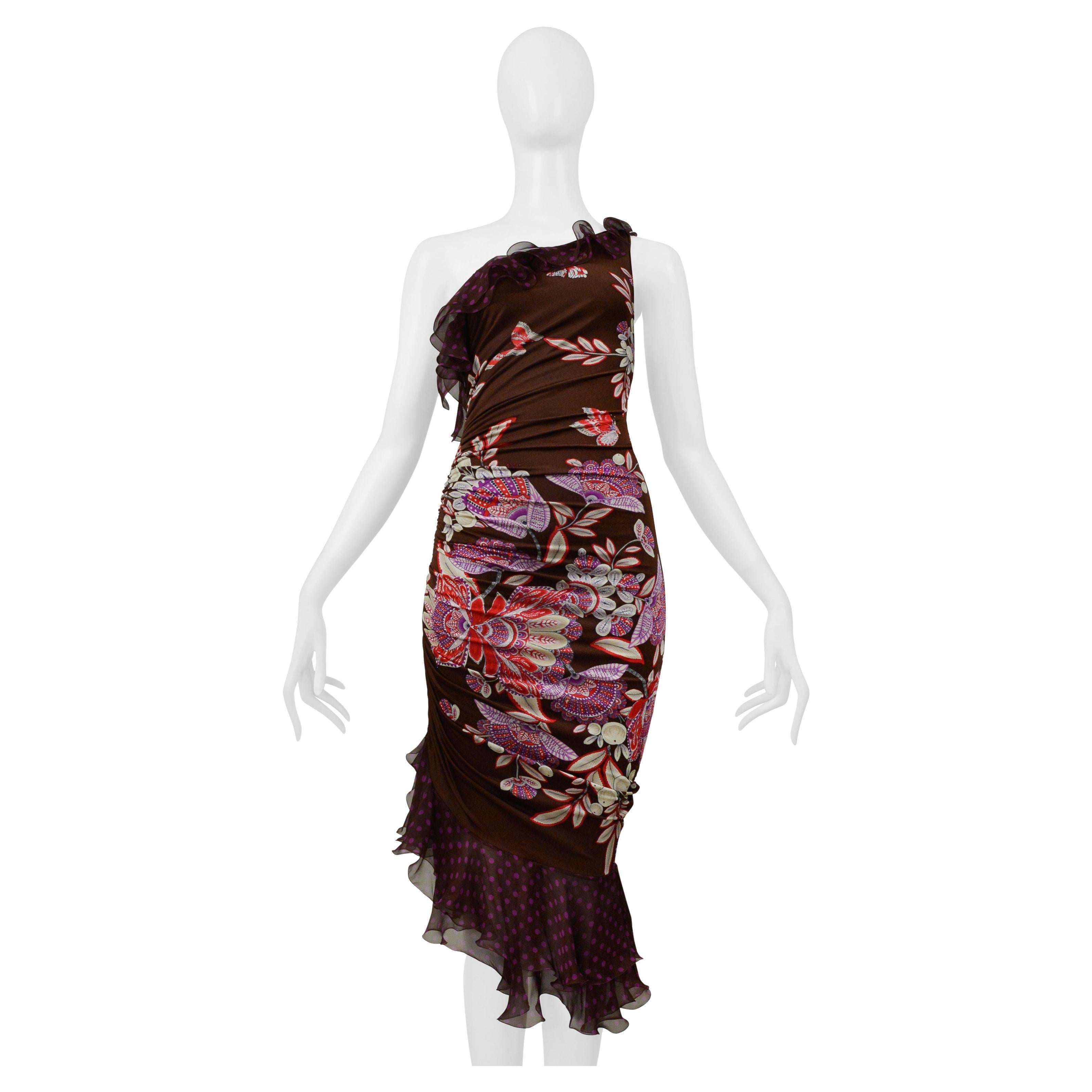 Ungaro - Robe asymétrique à fleurs à pois, marron et violet 2003 en vente