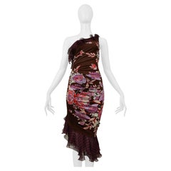 Ungaro Asymmetrical Brown And Purple Floral Polka Dot Dress 2003