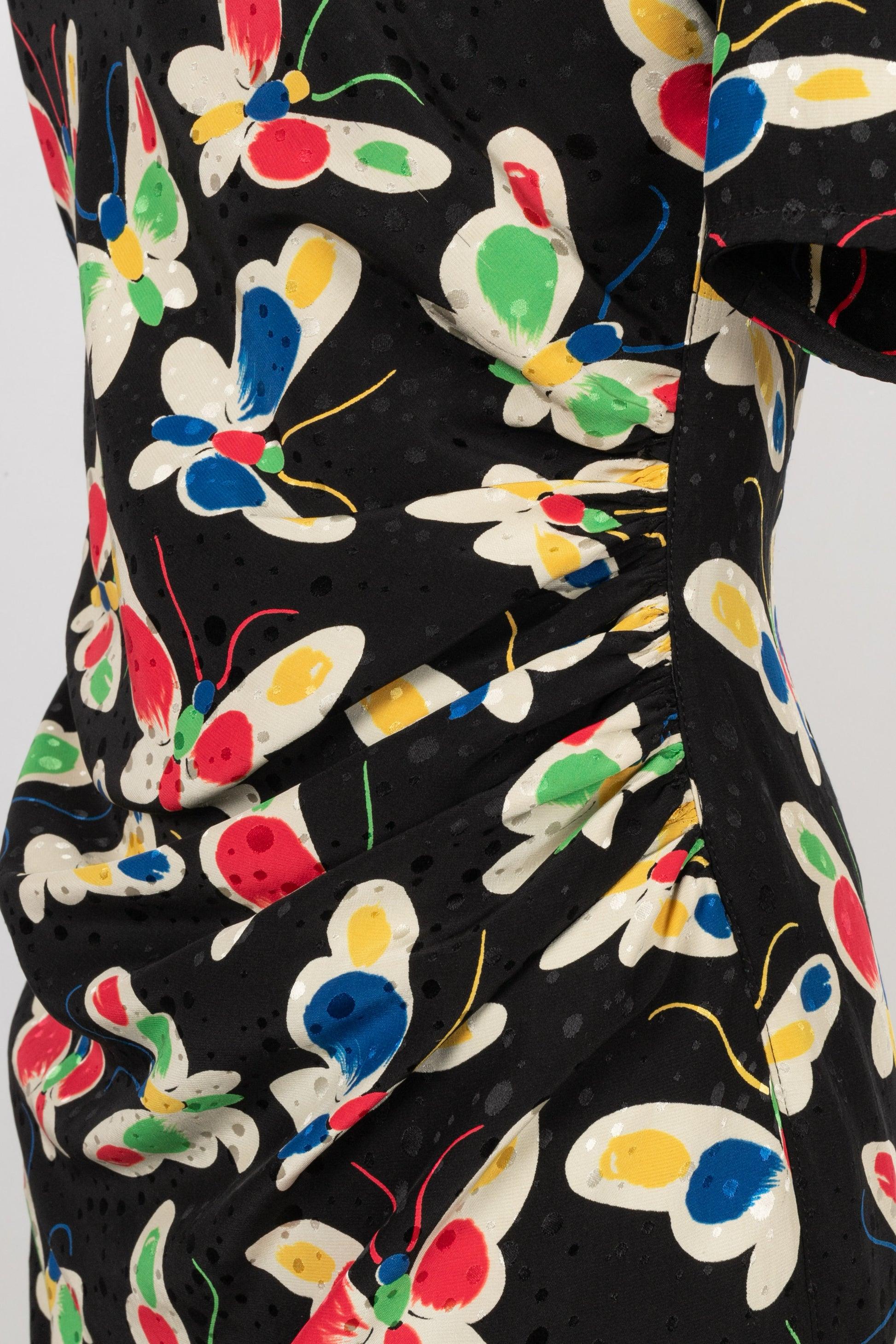 Ungaro Schwarzes Kurzes Seidenkleid mit mehrfarbigen Blumen bedruckt im Angebot 1