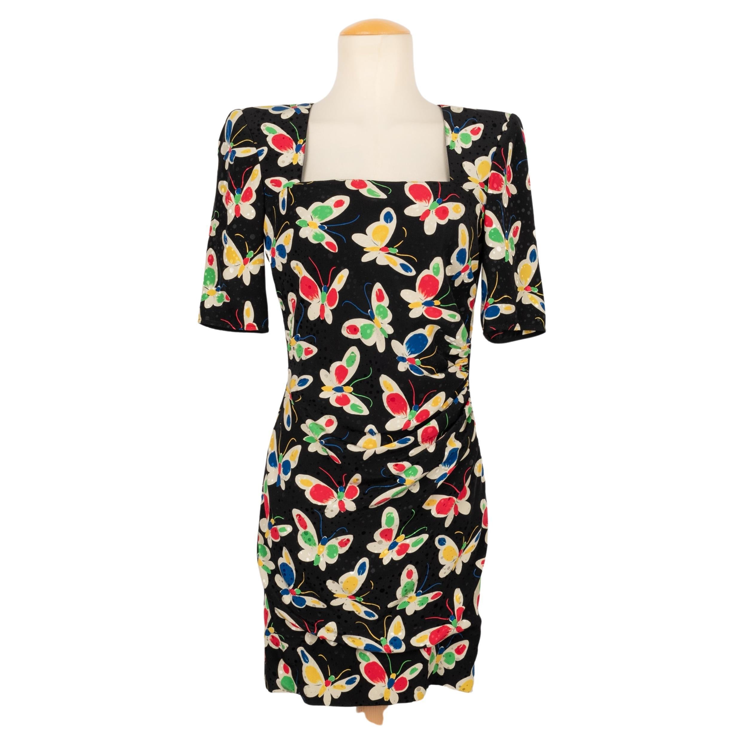 Ungaro Black Silk Short Dress Printed with Multicolored Flowers