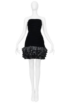Ungaro Black Velvet Cocktail Dress With Satin Ruffle Hem