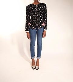 Ungaro black velvet evening jacket  with pink embroidered flowers . c.1980s