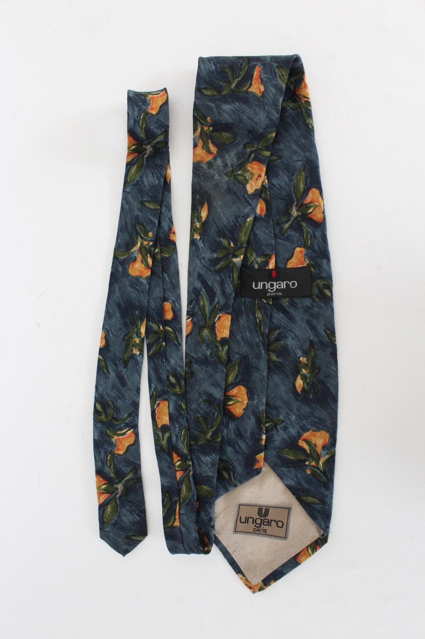 Black Ungaro Blue Silk Floral Vintage Tie 90s For Sale