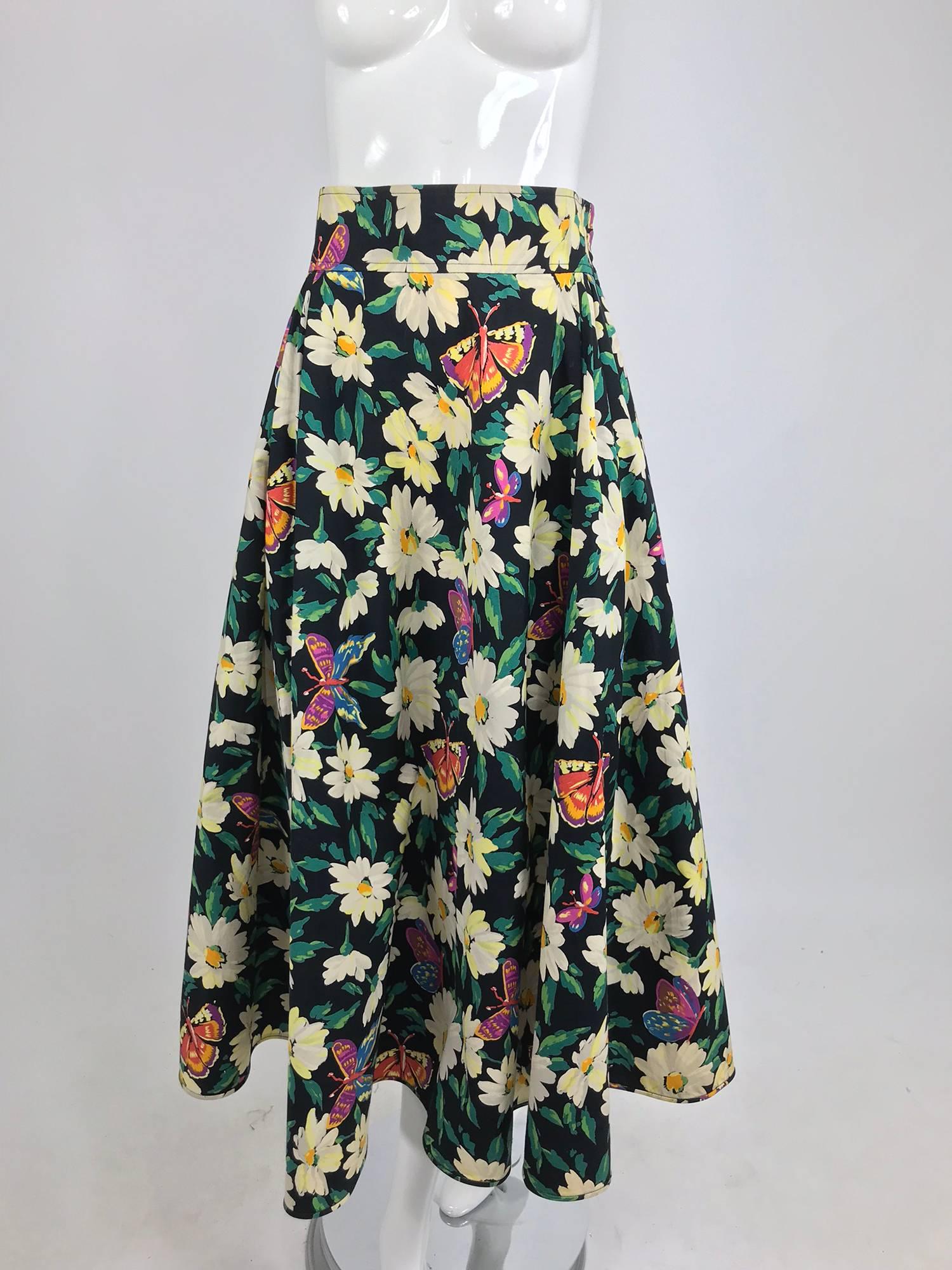 Ungaro cotton floral butterfly print high waist full skirt, 1980s 5