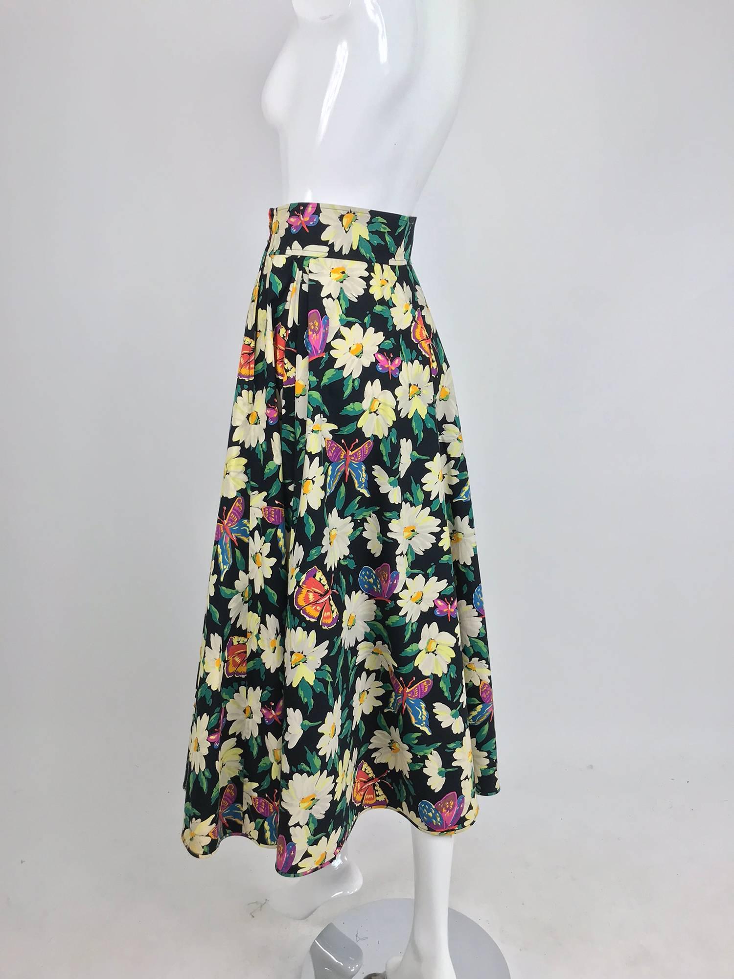 Ungaro cotton floral butterfly print high waist full skirt, 1980s 6
