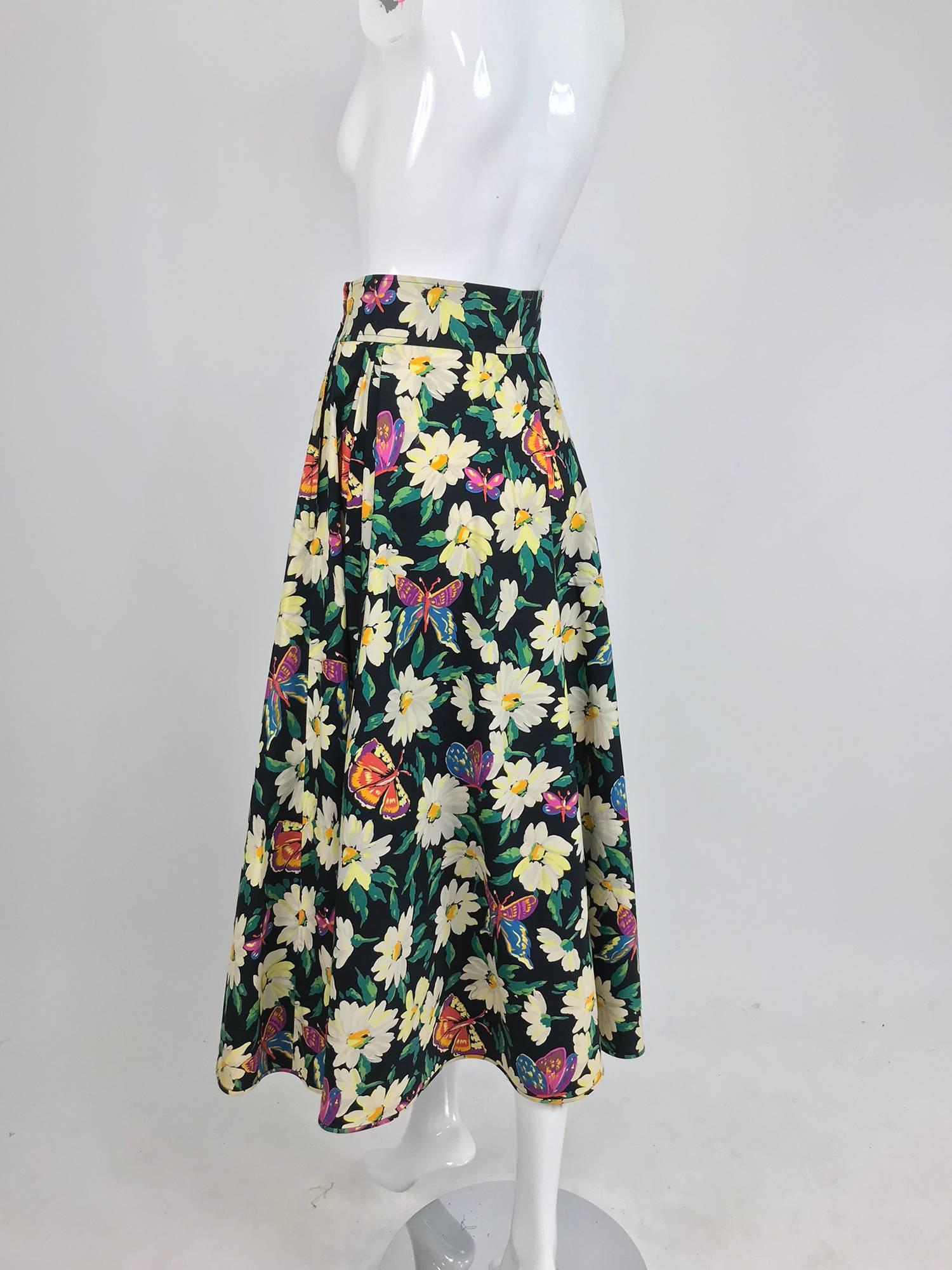 Ungaro cotton floral butterfly print high waist full skirt, 1980s 7