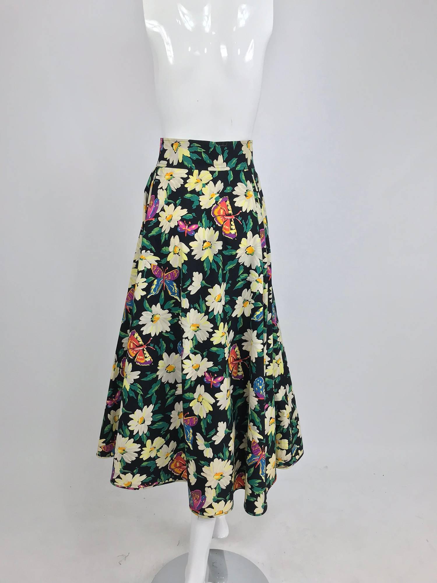 Ungaro cotton floral butterfly print high waist full skirt, 1980s 8