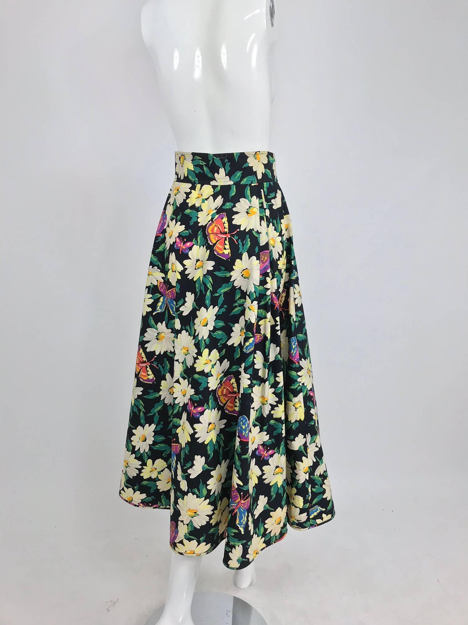 Ungaro cotton floral butterfly print high waist full skirt, 1980s 9