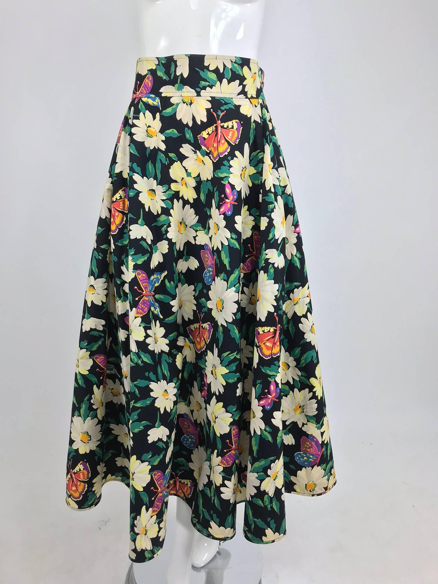Black Ungaro cotton floral butterfly print high waist full skirt, 1980s