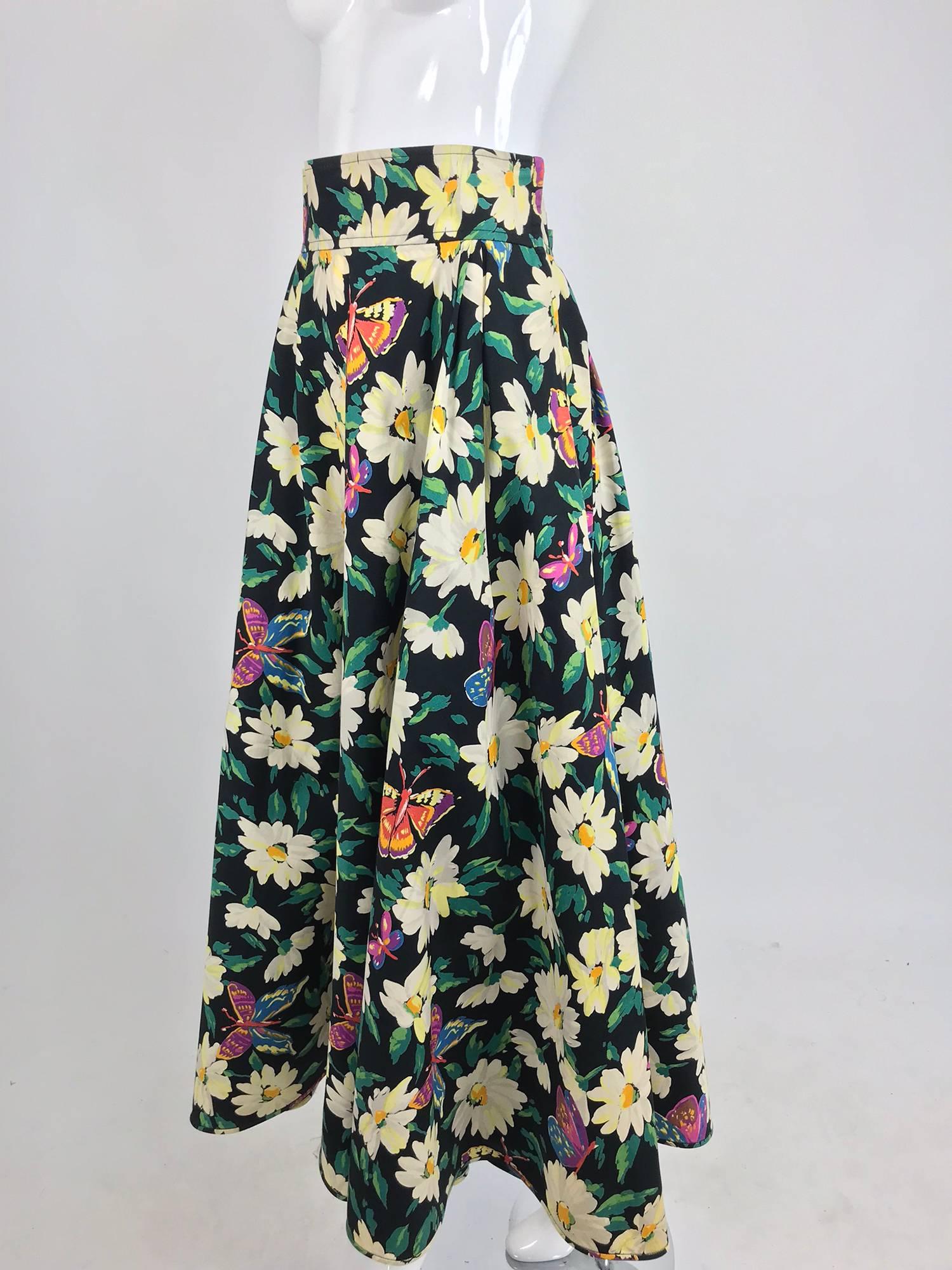 Ungaro cotton floral butterfly print high waist full skirt, 1980s 1