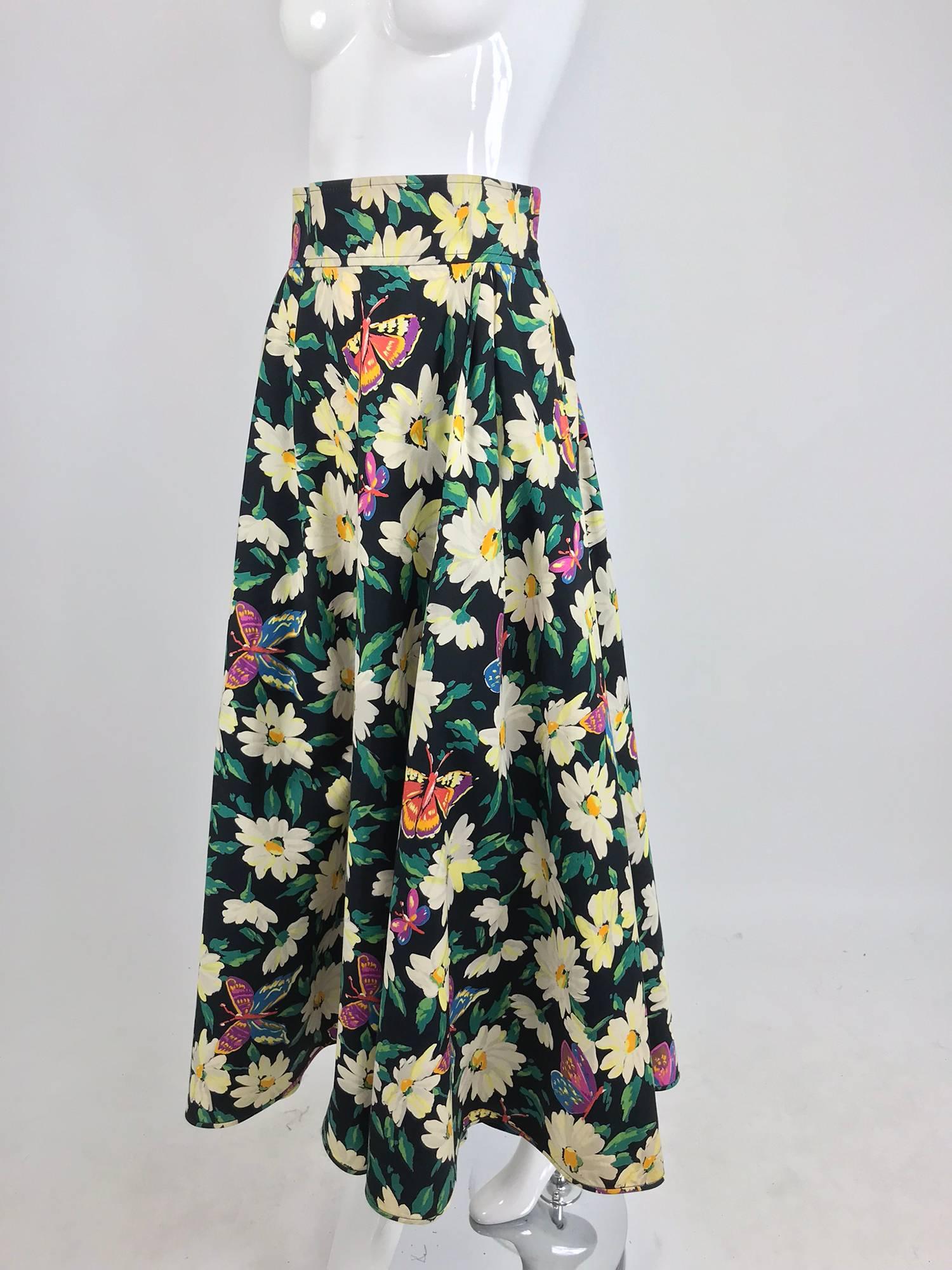Ungaro cotton floral butterfly print high waist full skirt, 1980s 2