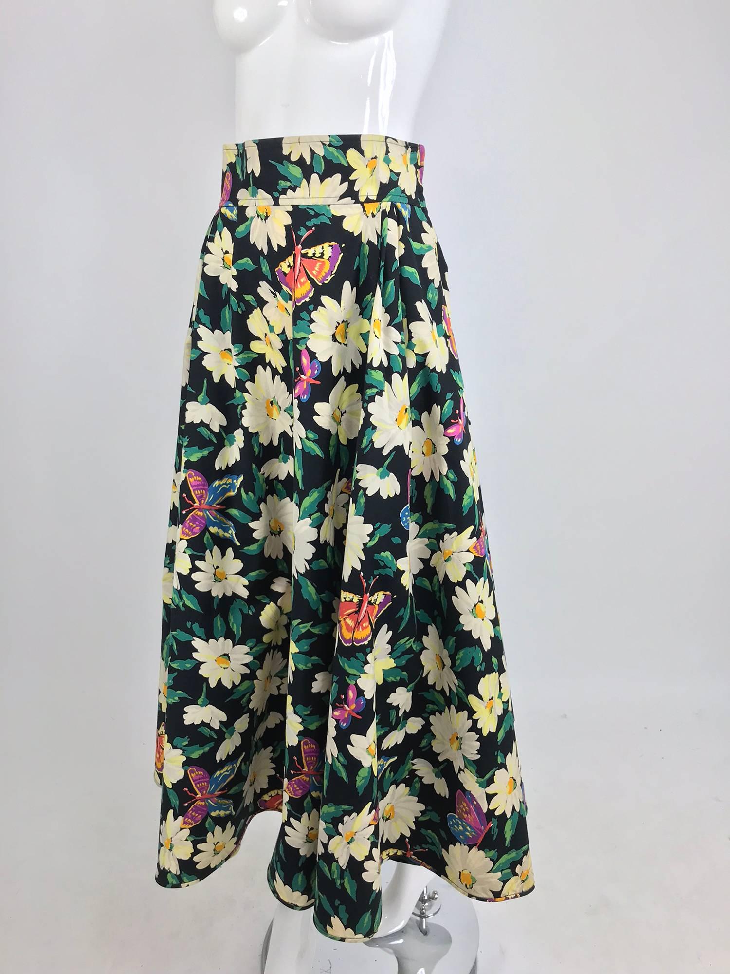 Ungaro cotton floral butterfly print high waist full skirt, 1980s 3