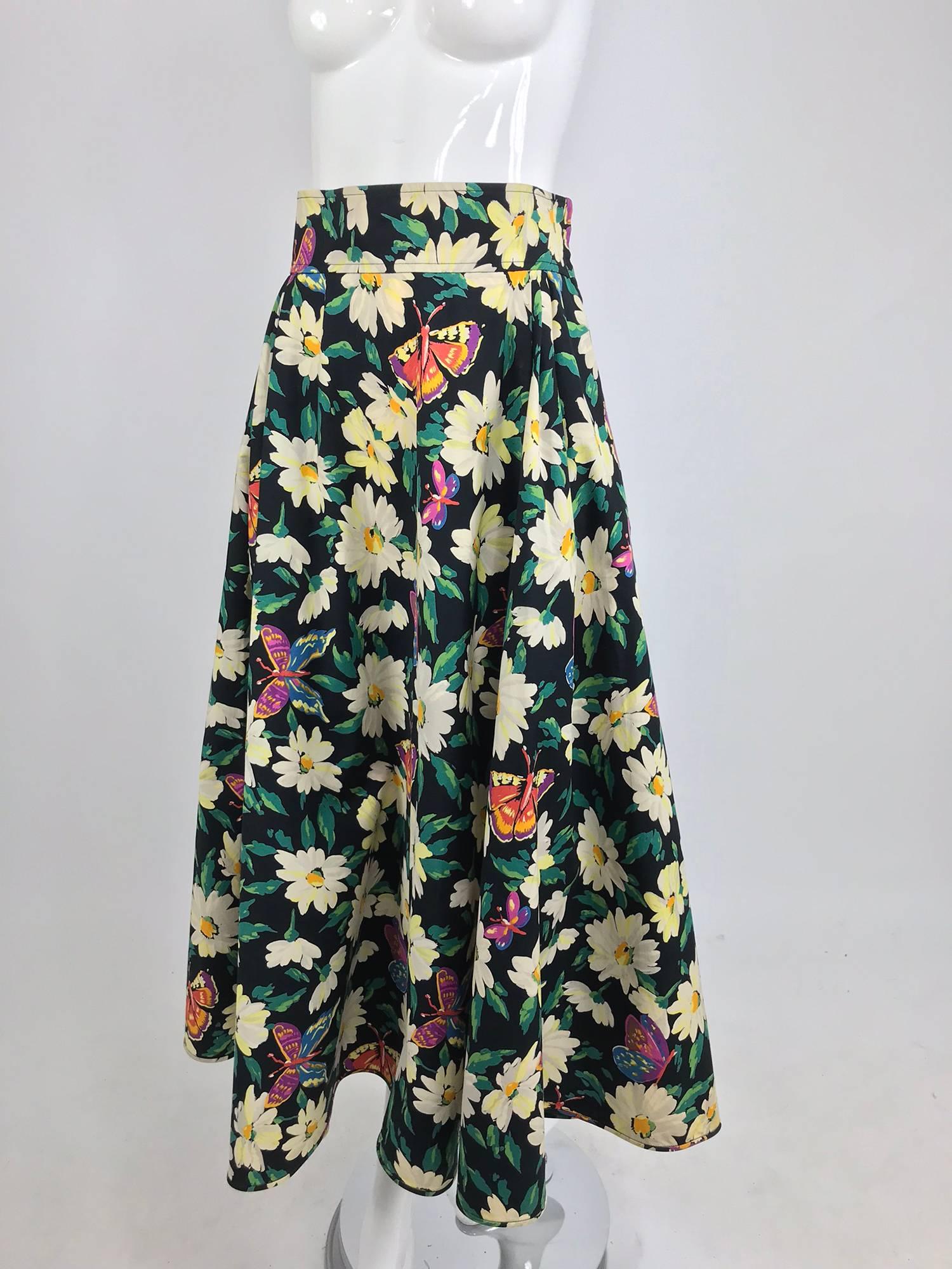 Ungaro cotton floral butterfly print high waist full skirt, 1980s 4