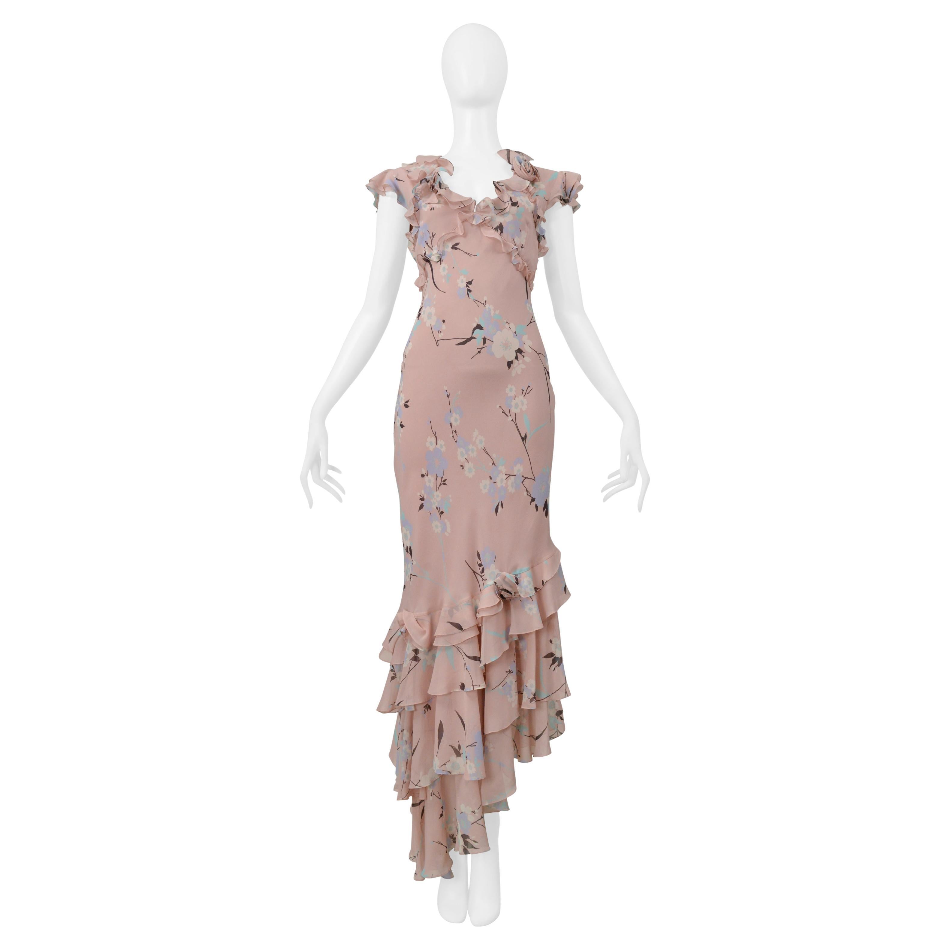 Ungaro - Vestito floreale con volant in rosa polveroso in vendita