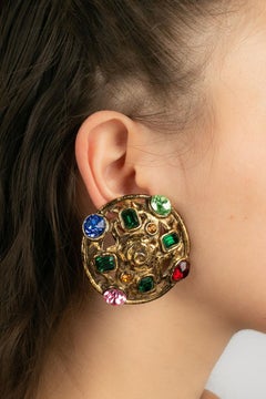 Ungaro Earrings in Golden Metal and Multicolored Rhinestones