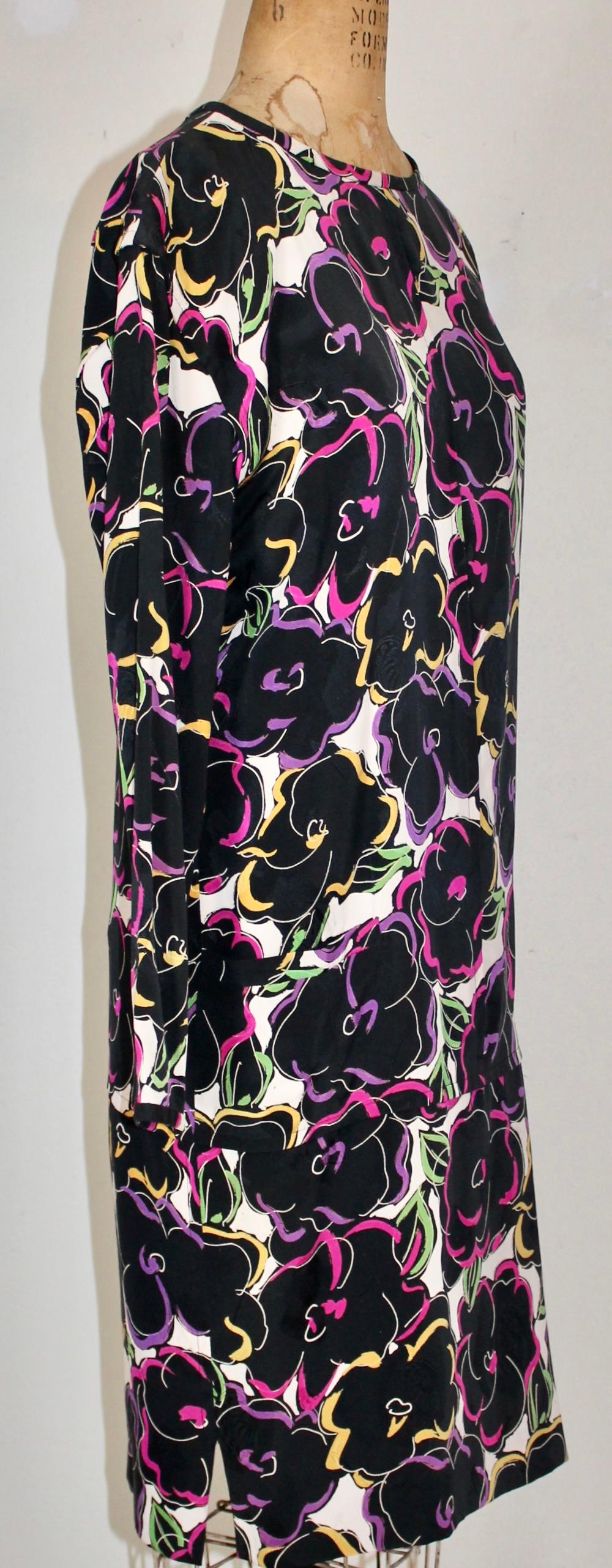 Black flowers highlighted with bright colors in Andy Warhol manner.  Silk Lining. 'emanuel ungaro parallele paris' label