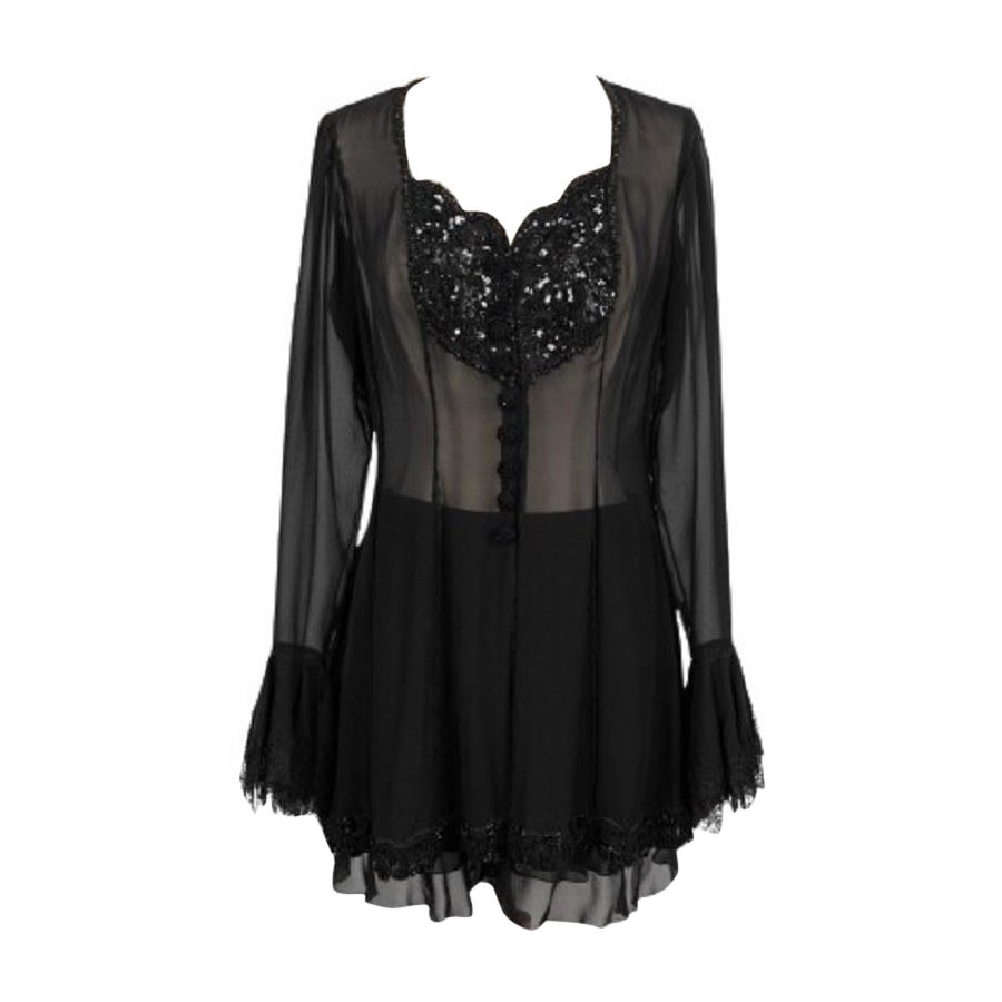 Ungaro Haute Couture Silk Crepe Set Embroidered with Black Pearls, 1990s