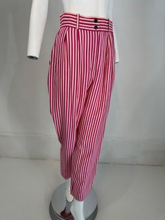Ungaro Pantalones tobilleros cónicos con raya de seda rosa y blanca 1980 40