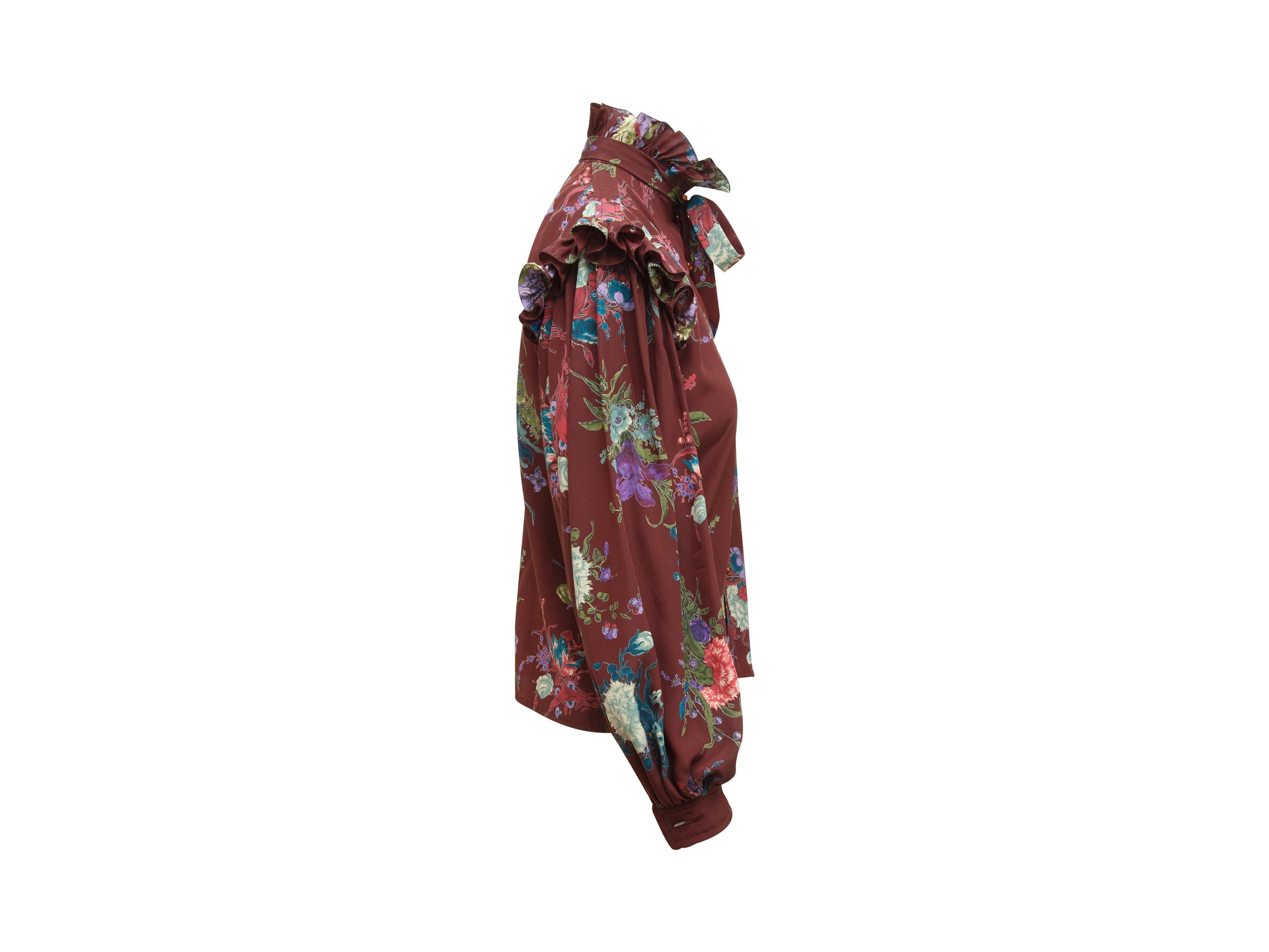 Brown Ungaro Multicolor Floral Ruffle Silk Blouse