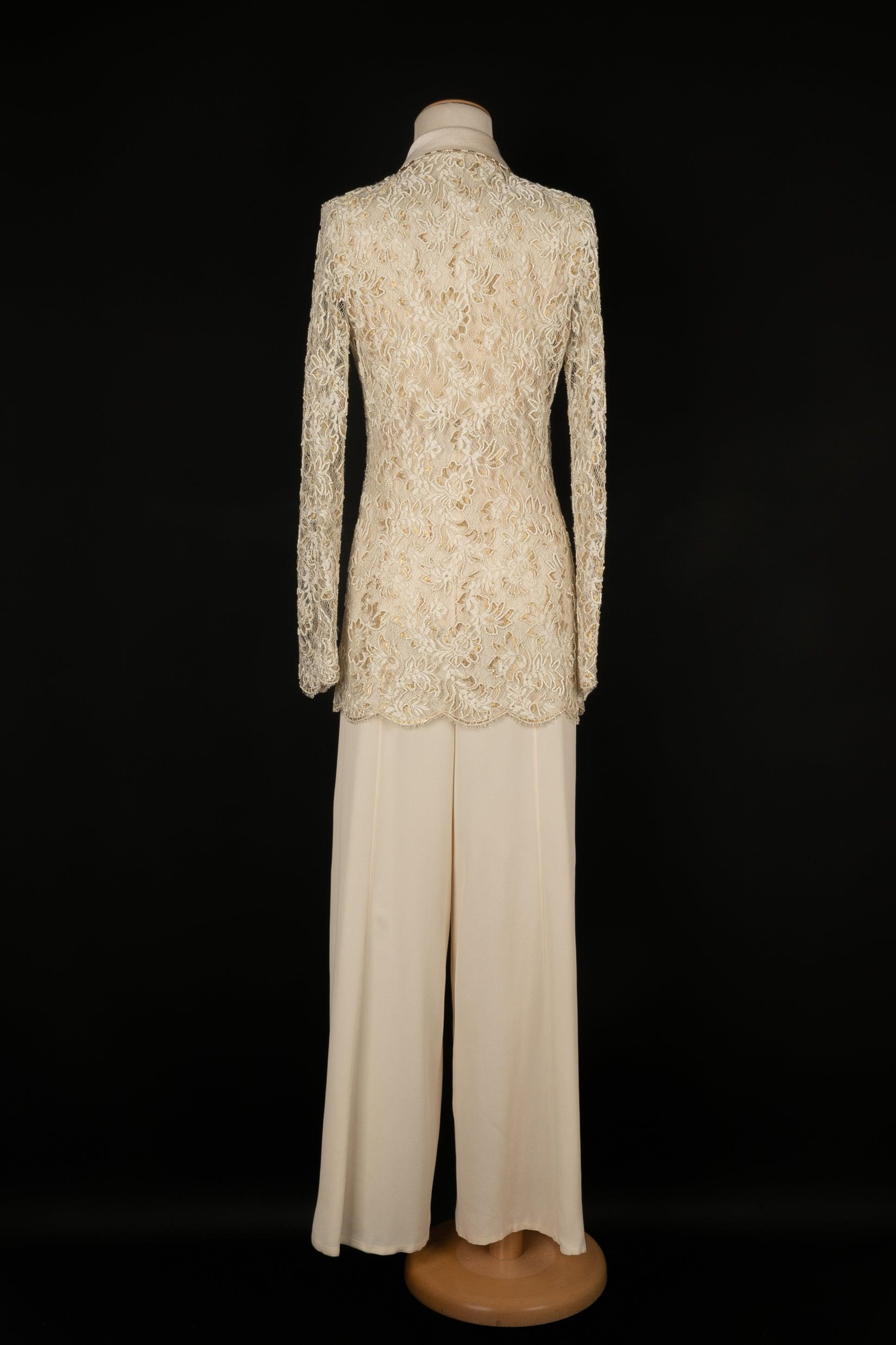 Beige Ungaro Off-White Crepe Pant Jumpsuit with Jacket Haute Couture, 1997