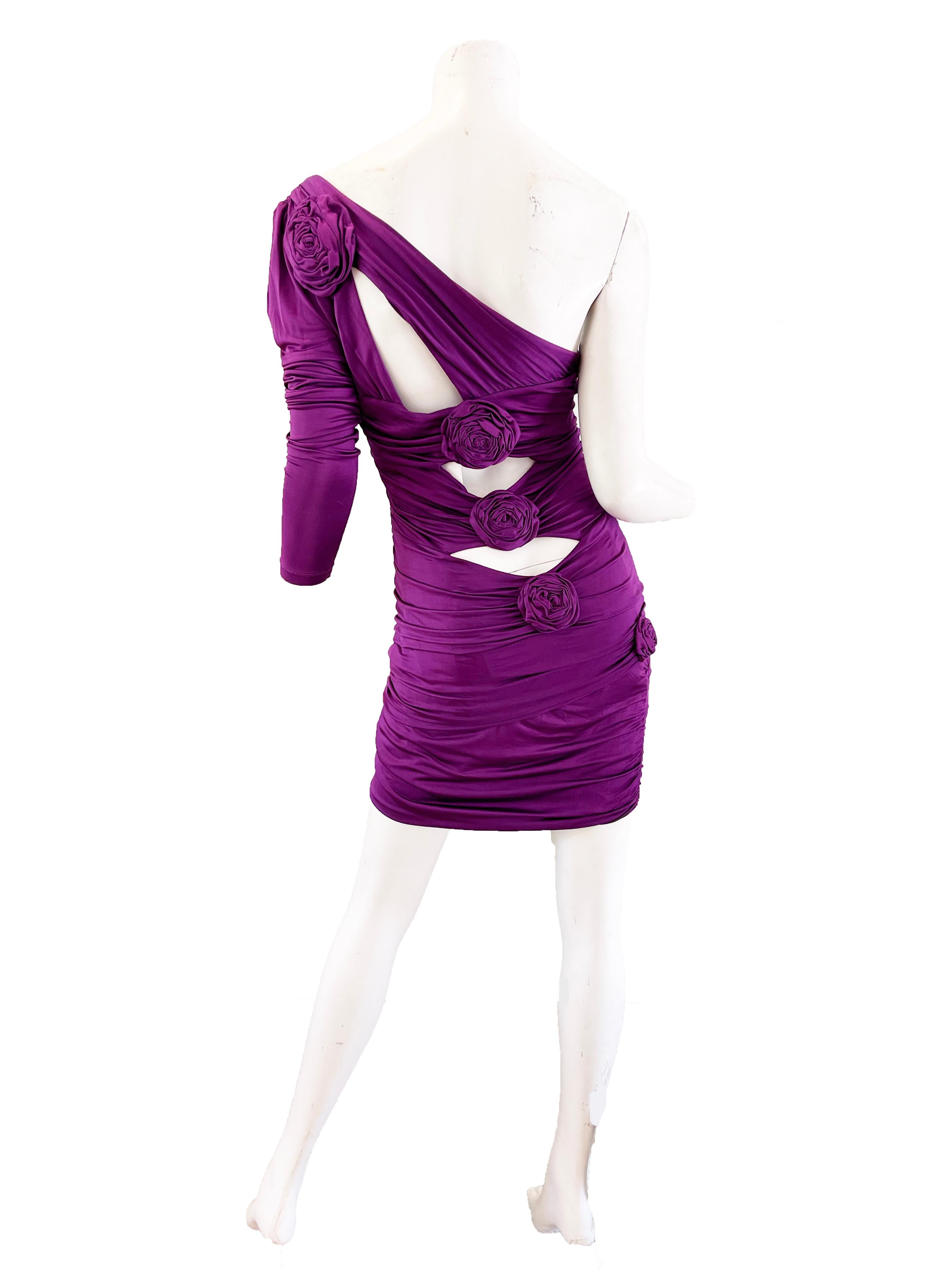 Purple Ungaro one shoulder with rose accents and slashes 