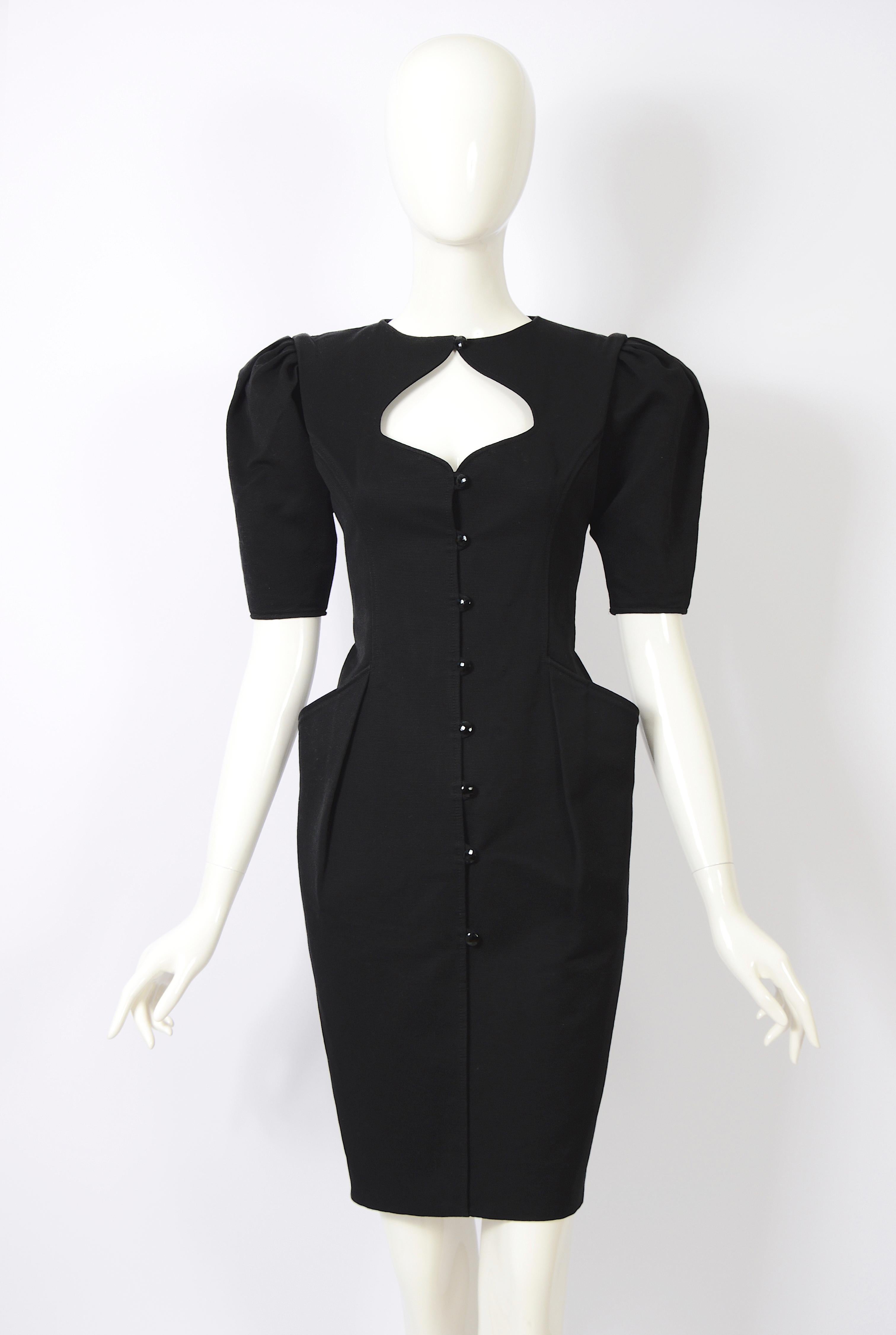 Ungaro Parallele 1980s vintage black silk heart shaped keyhole bust dress   6