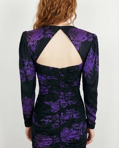 UNGARO PARALLÈLE Black Draped Cocktail Dress with Purple Floral Jacquard