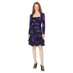 UNGARO PARALLÈLE Black Draped Cocktail Dress with Purple Floral Jacquard