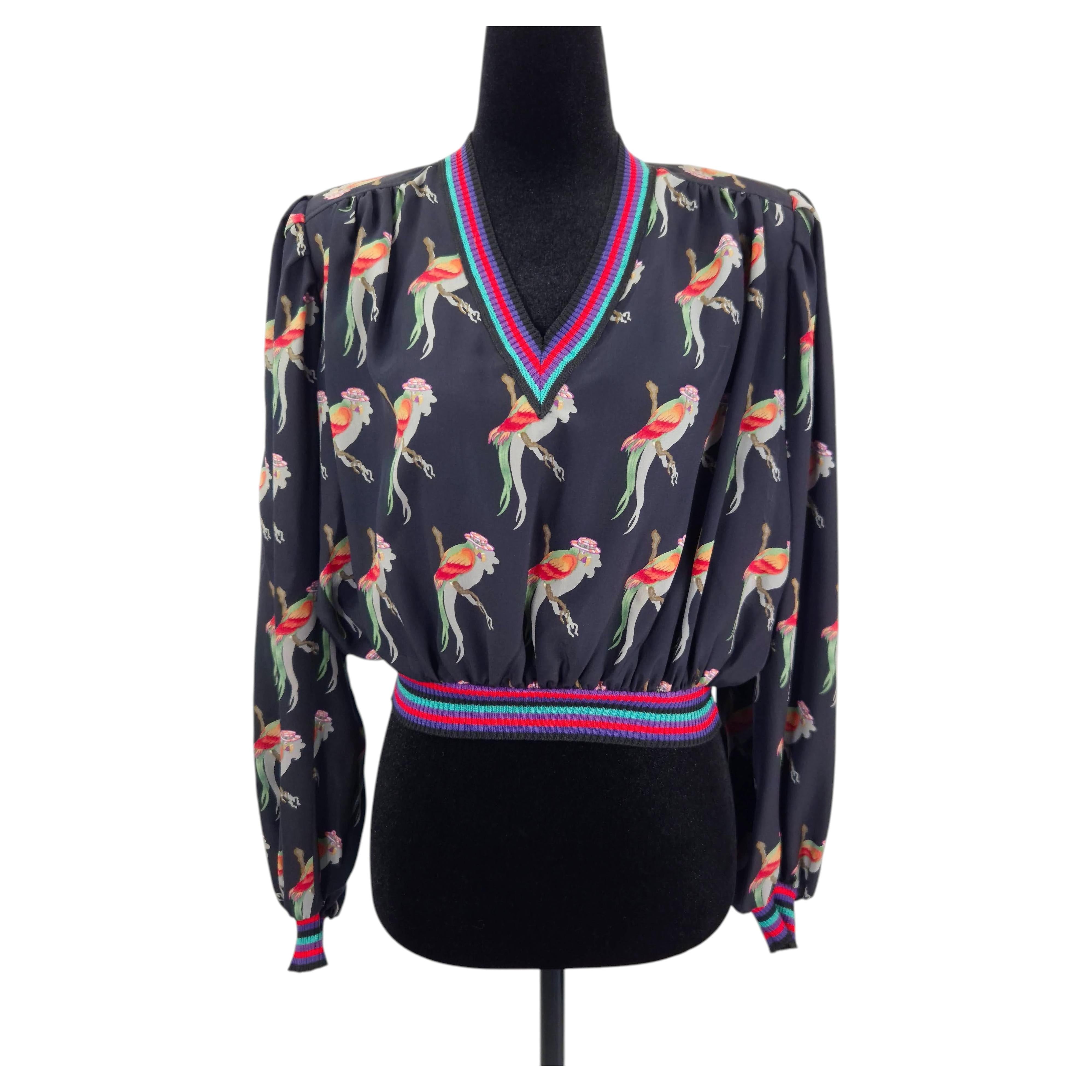 Ungaro Parallele silk blouse with vintage 80s parrots For Sale