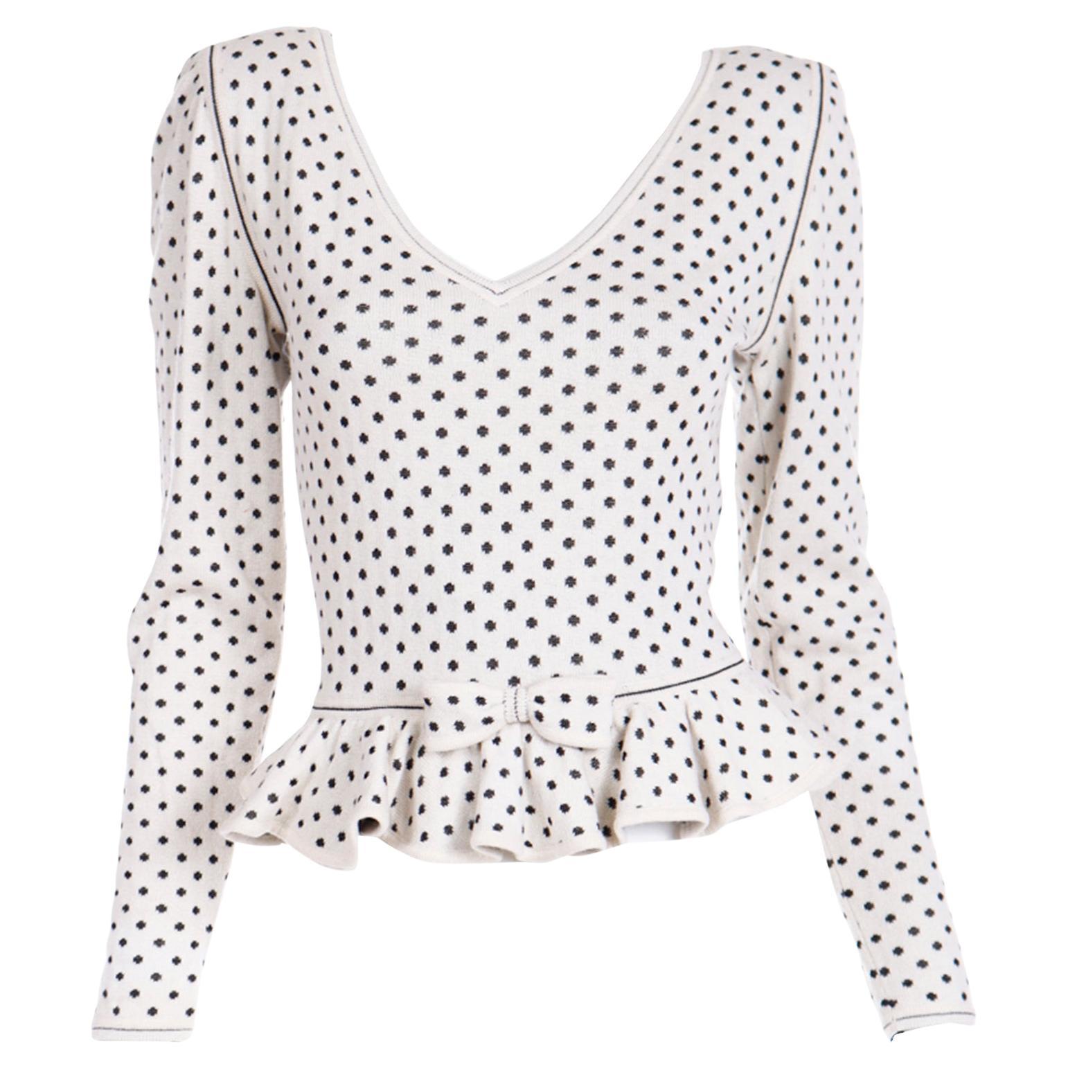 Ungaro Parallele Deadstock Vintage Polka Dot Bow Cashmere Silk Sweater Top For Sale