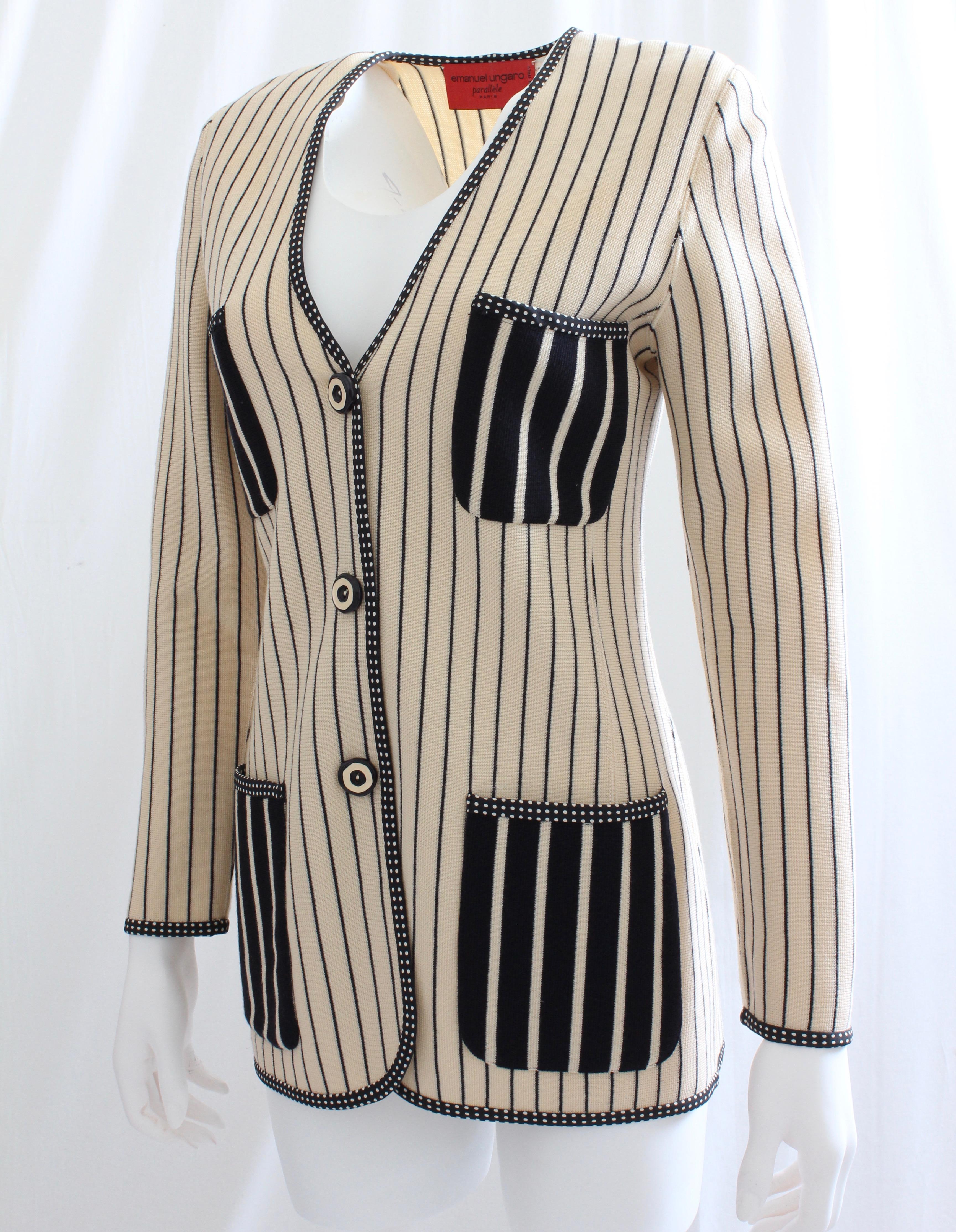 Beige Ungaro Parallele Striped Patch Pocket Sweater Jacket Black & White Knit Size S