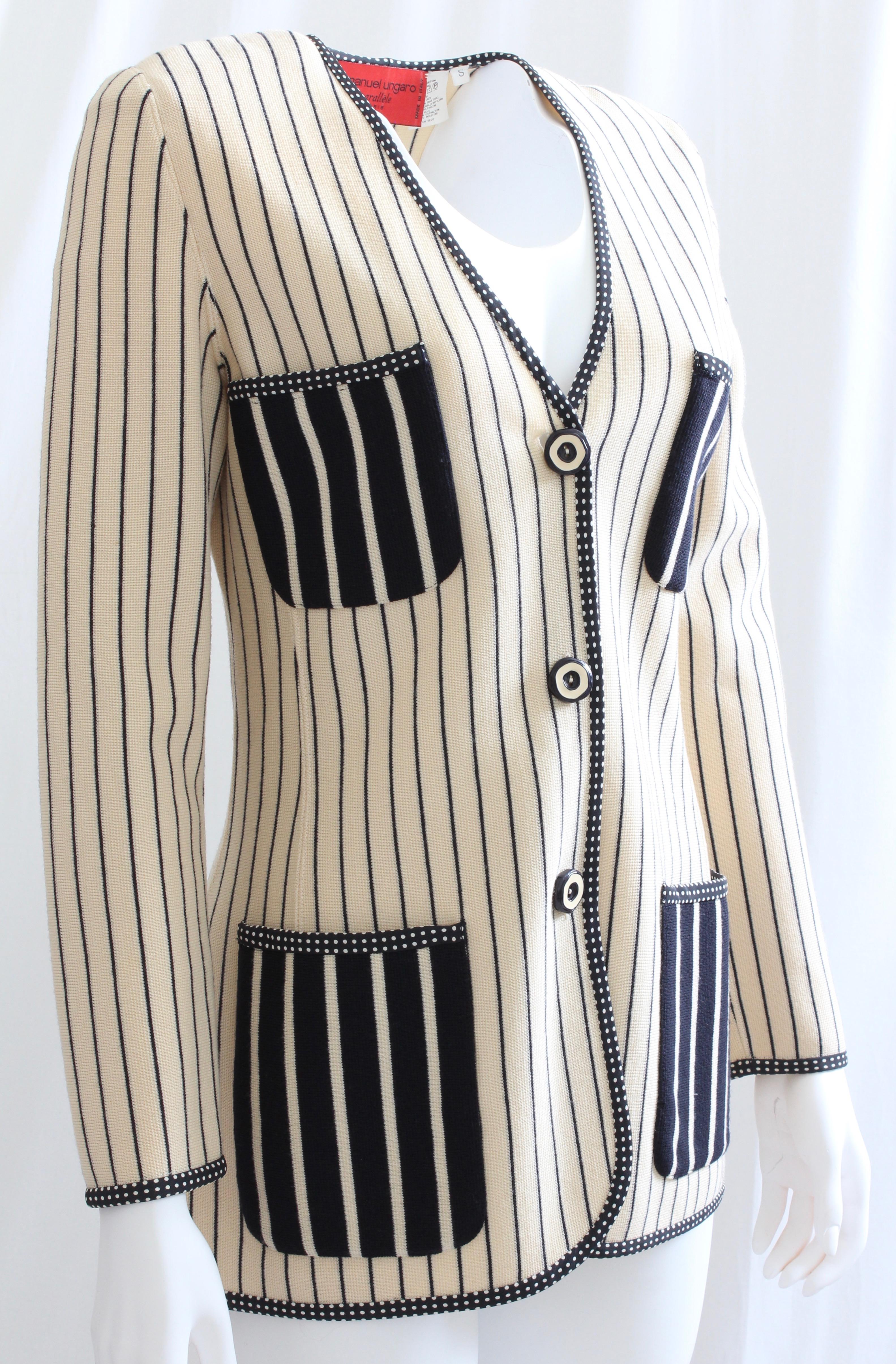 Women's Ungaro Parallele Striped Patch Pocket Sweater Jacket Black & White Knit Size S