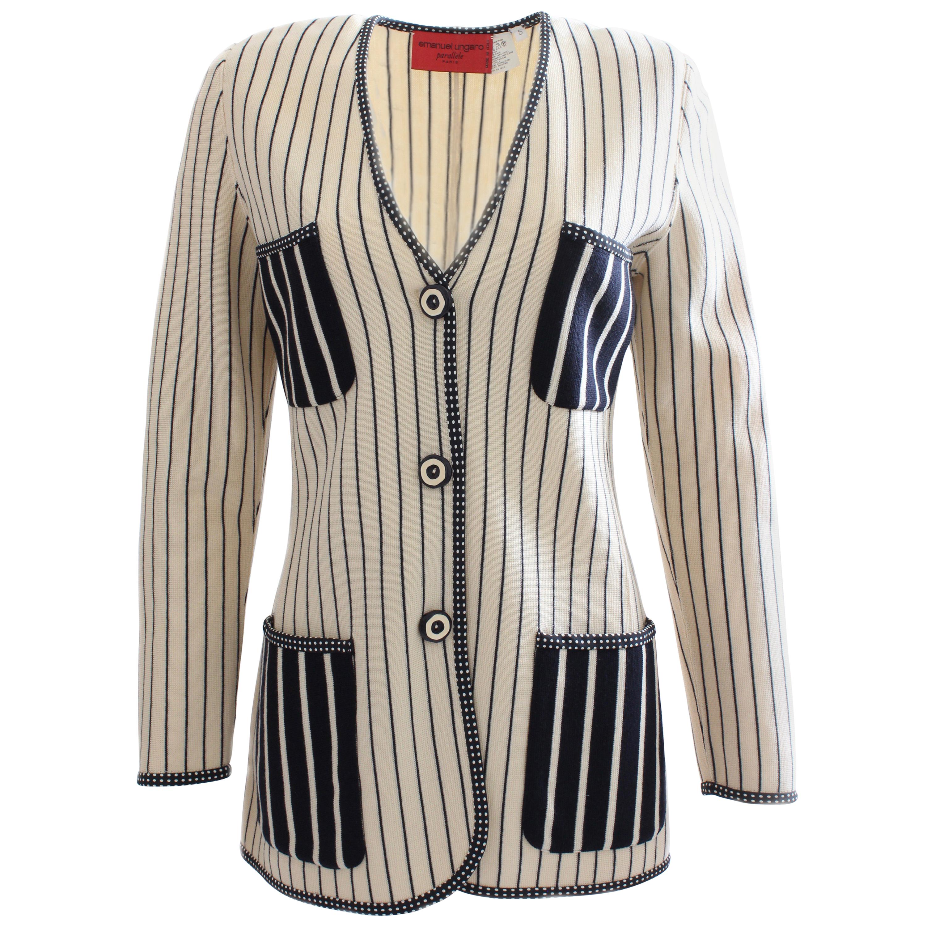 Ungaro Parallele Striped Patch Pocket Sweater Jacket Black & White Knit Size S