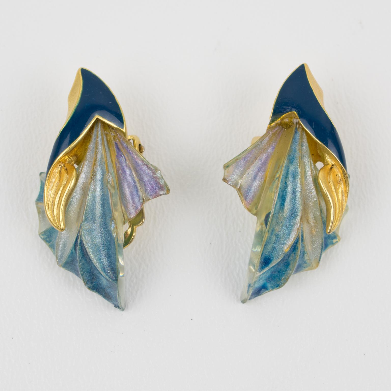 Moderne Ungaro Paris, boucles d'oreilles à clip en résine bleue de style Art nouveau