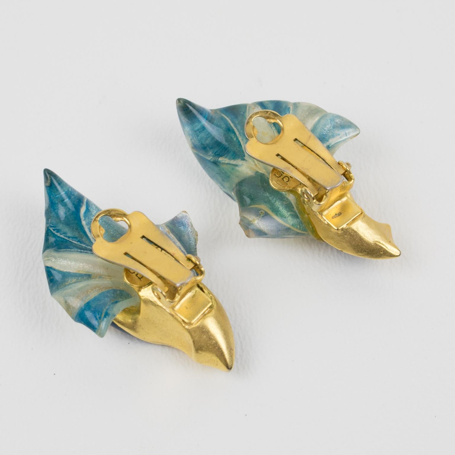 Ungaro Paris, Art Nouveau Style Blue Resin Clip Earrings In Excellent Condition For Sale In Atlanta, GA