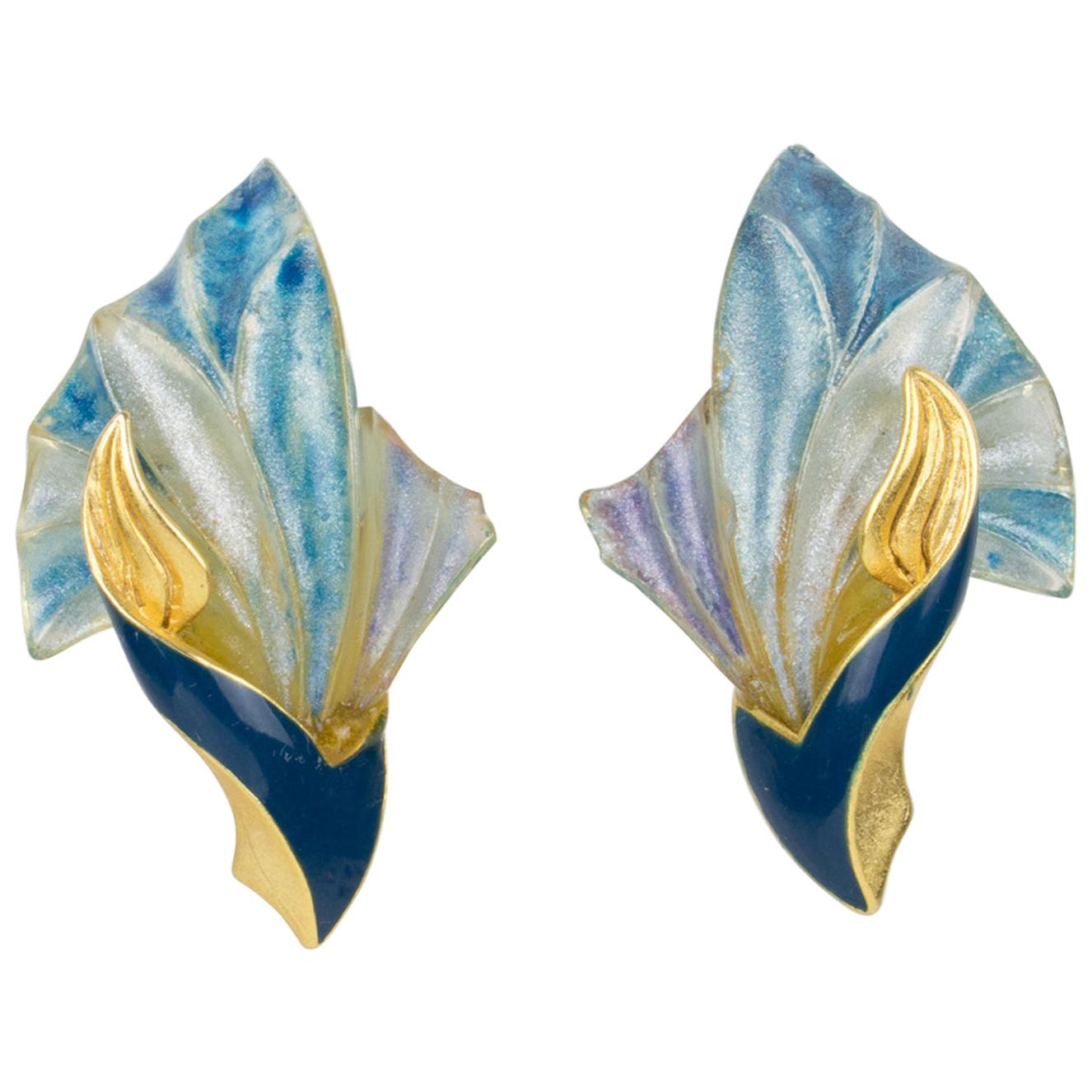 Ungaro Paris, Art Nouveau Style Blue Resin Clip Earrings For Sale