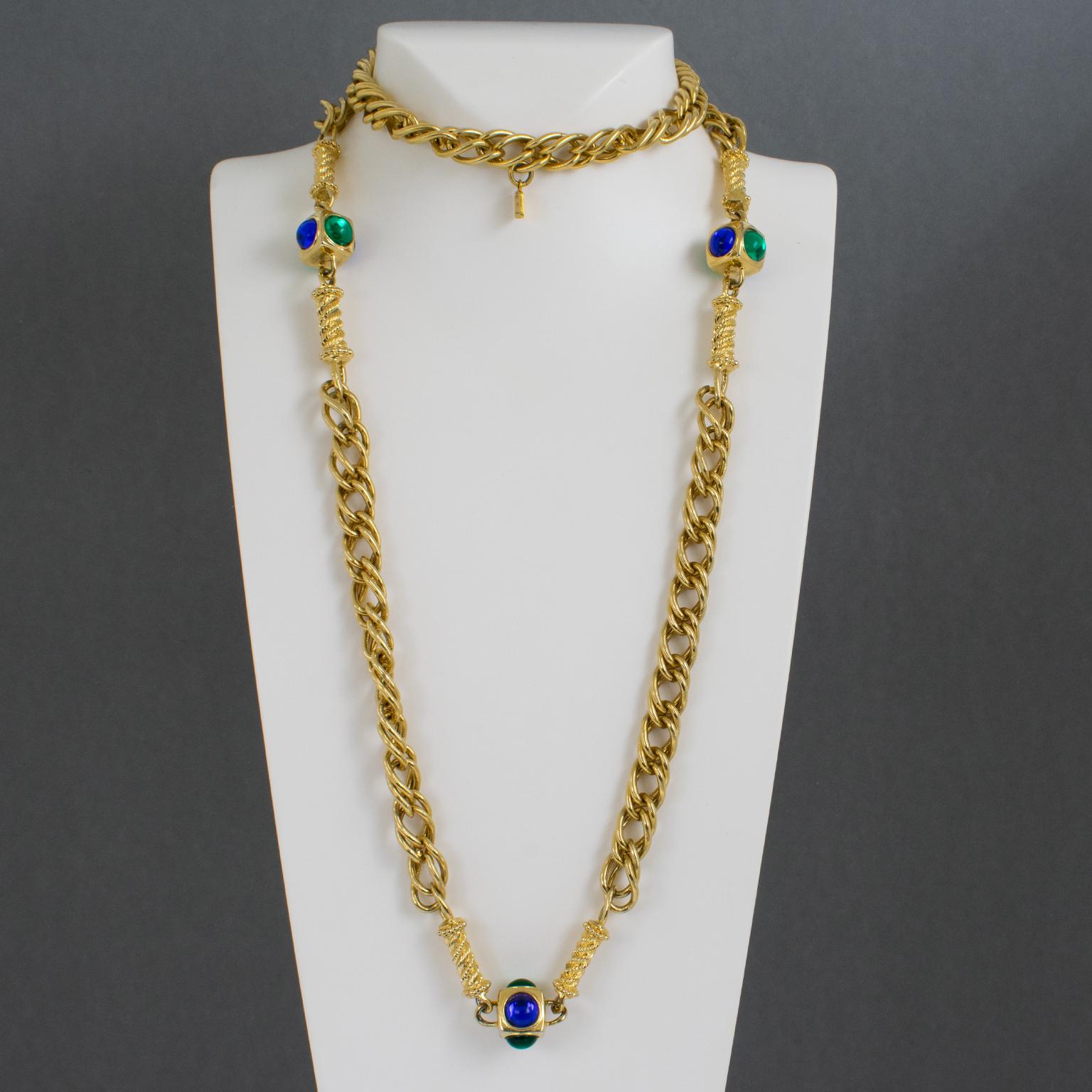 Modern Ungaro Paris Gilt Metal Long Necklace with Blue and Green Resin Cabochons For Sale