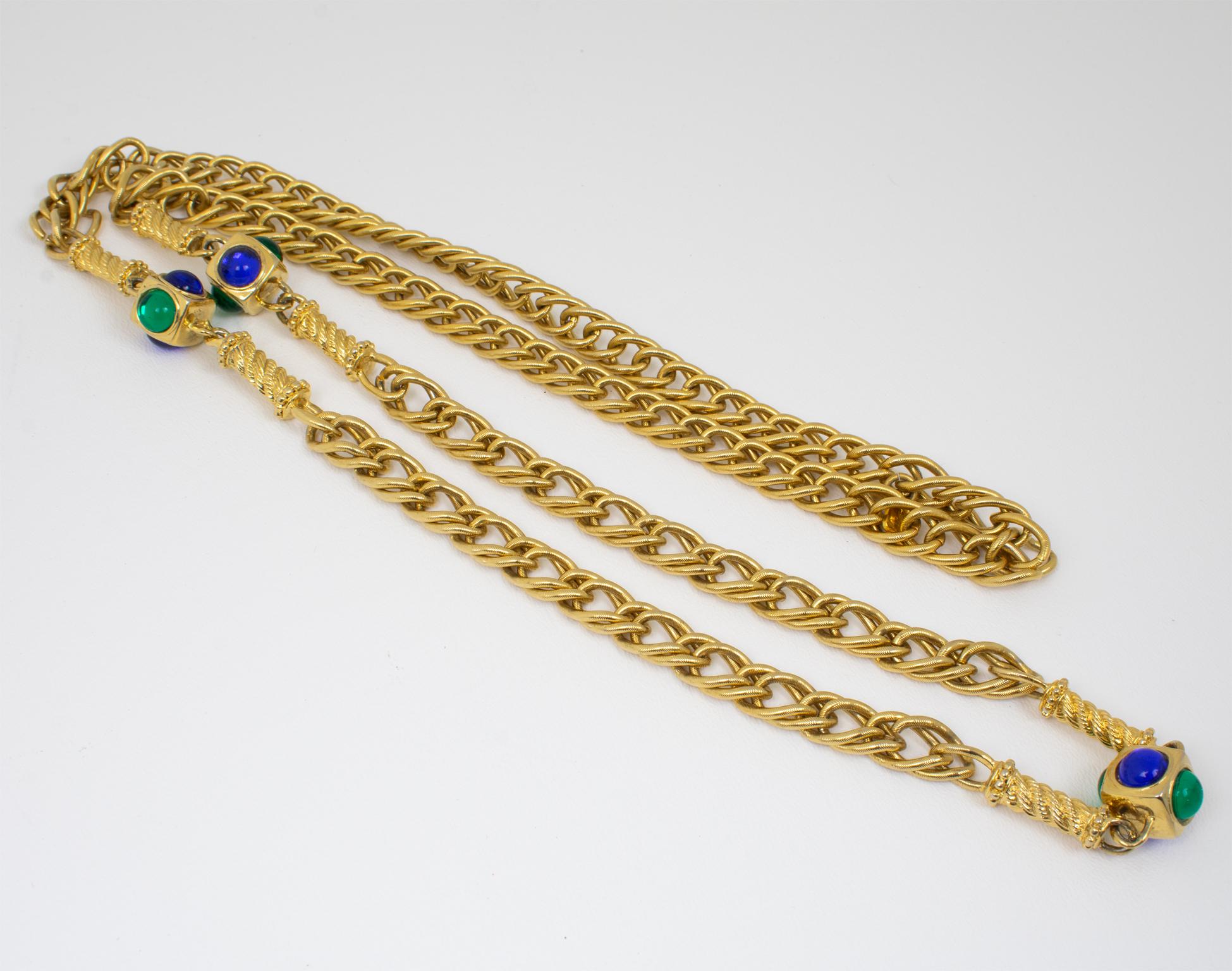 Ungaro Paris Gilt Metal Long Necklace with Blue and Green Resin Cabochons In Excellent Condition For Sale In Atlanta, GA